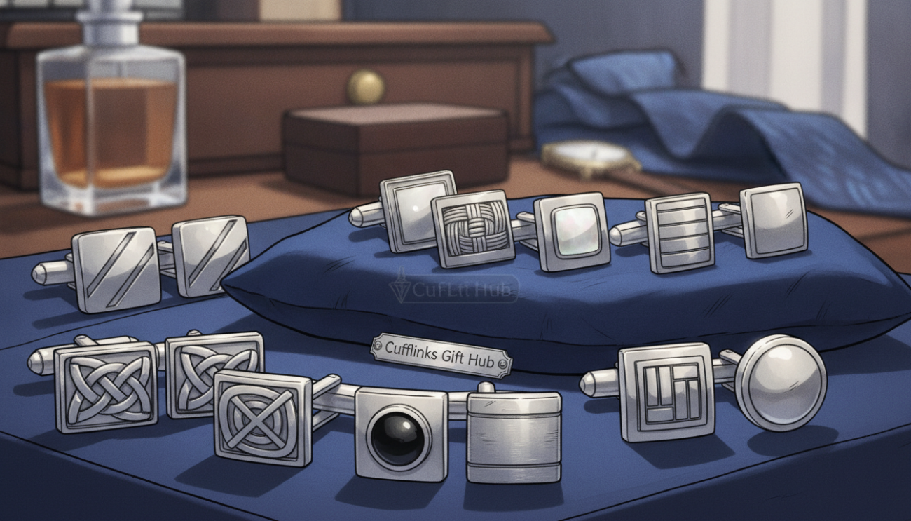 A beautifully arranged display of elegant silver cufflinks for men, showcasing various styles that exude timeless sophistication. In the foreground, focus on exquisite cufflinks with intricate designs, polished surfaces, and subtle details reflecting light. The middle ground features more pairs of cufflinks artistically arranged on a soft, dark velvet surface, enhancing their shine. The background should be softly blurred, hinting at a stylish dressing table with refined accessories, maintaining a luxurious ambiance. Use soft, diffused lighting to create a warm and inviting atmosphere, emphasizing the elegance of the cufflinks. Capture this scene from a slightly elevated angle to highlight the details. The brand name "Cufflinks Gift Hub" must be subtly implied within the composition.