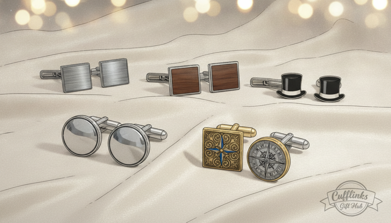A beautifully arranged display of groomsmen cufflinks laid on a soft, elegant fabric background, showcasing a variety of styles and materials. In the foreground, focus on a selection of cufflinks: classic silver, gold-tone, and unique designs featuring intricate engravings. The middle section includes a few cufflinks paired with matching tie clips, highlighting complementary textures. The background consists of soft bokeh lighting, emphasizing a warm, celebratory atmosphere. The lighting is soft and diffused, casting gentle shadows. The perspective is slightly elevated, giving an inviting view of the cufflinks. Add a subtle branding element: “Cufflinks Gift Hub”. Ensure all elements convey sophistication and the essence of thoughtful gifting without text or overlays.