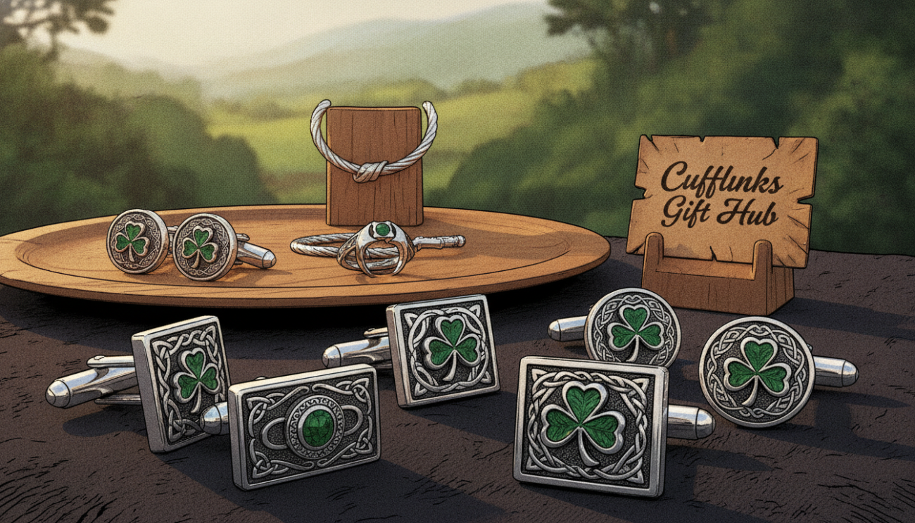 A beautifully arranged display of men's Irish jewelry, focusing on exquisite cufflinks. The foreground features intricately designed cufflinks made of sterling silver and adorned with Celtic knots, showcasing their craftsmanship. In the middle ground, a polished wooden surface adds warmth, highlighting the contrast of the jewelry elements. The background includes soft, blurred greenery that evokes the lush landscapes of Ireland, creating a sense of authenticity. The lighting is soft and diffused, suggesting a warm afternoon glow that catches the details of the cufflinks. The mood is elegant and sophisticated, perfect for showcasing "Cufflinks Gift Hub." Use a shallow depth of field to emphasize the cufflinks, creating a refined atmosphere that reflects timeless sophistication.