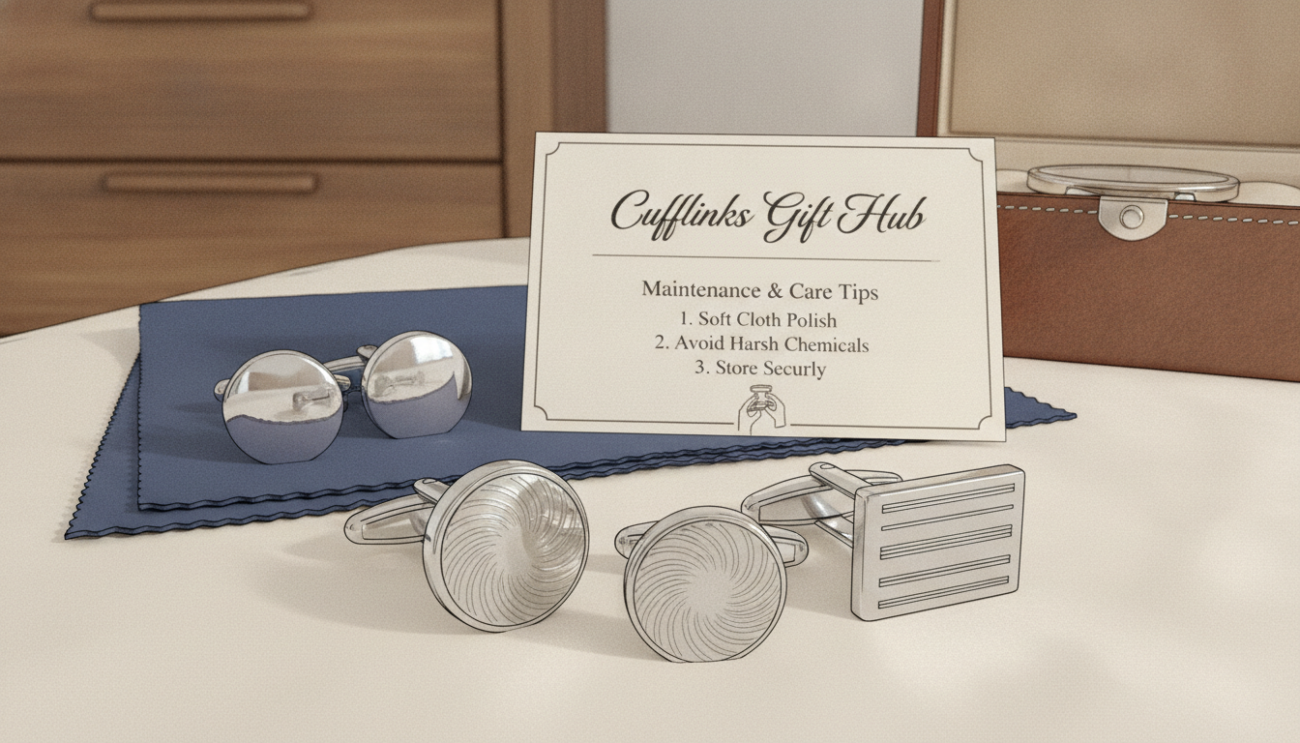 A beautifully arranged flat lay featuring an exquisite set of cufflinks showcasing both bullet back and whale back designs, presented on a soft, textured surface that enhances their elegance. In the foreground, the cufflinks are glimmering under soft, diffused natural light that highlights their intricate details. The bullet back cufflink features a smooth, rounded toggle, while the whale back displays a pronounced, curved design; both made of polished silver with subtle engravings. In the middle ground, a soft cloth for cleaning and a small, elegant care card are neatly placed. The background fades into a warm, out-of-focus blur, giving a cozy feel to the composition. The overall mood is sophisticated yet approachable, ideal for illustrating maintenance and care tips for cufflinks. Include the brand name "Cufflinks Gift Hub" prominently among the elements.