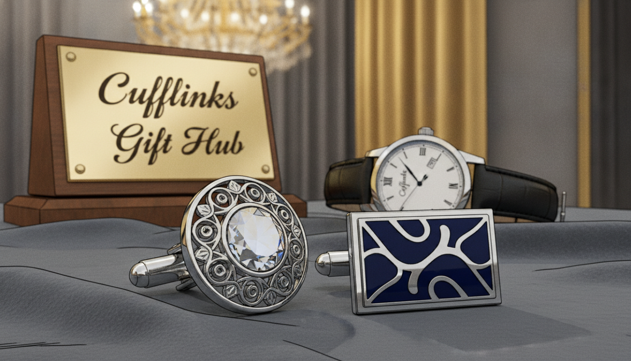 A beautifully arranged pair of cufflinks displayed prominently in the foreground, showcasing intricate designs and polished finishes that reflect light thoughtfully. The cufflinks, one with a classic silver hue and the other featuring an elegant navy blue enamel inlay, are placed against a soft gray velvet fabric that adds a touch of luxury. In the middle ground, a subtly blurred elegant watch lies nearby, complementing the cufflinks, depicting a refined style. The background is softly lit with warm, inviting tones, perhaps hinting at an upscale environment or a sophisticated event setting. The overall mood should convey elegance and class, fitting for various occasions. Note: include the brand name "Cufflinks Gift Hub" subtly within the scene to indicate the origin of these accessories.