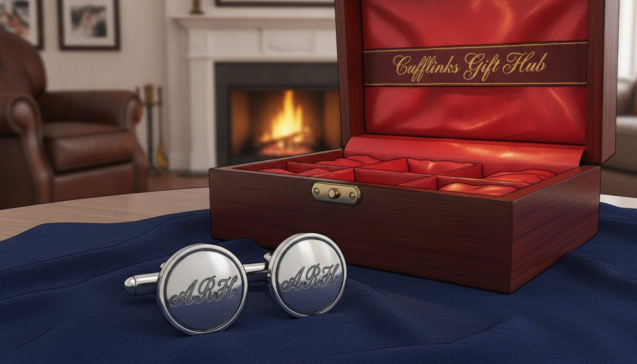 A beautifully arranged personalised gift set featuring elegant cufflinks in a luxurious satin-lined wooden box. In the foreground, showcase an intricate set of silver cufflinks engraved with initials, delicately resting atop soft, dark velvet fabric. In the middle ground, the wooden box is partially opened, displaying vibrant colours and a soft glow emanating from warm ambient lighting, highlighting the craftsmanship. The background features a softly blurred, cozy setting with tasteful decor, hinting at a joyful atmosphere suitable for special occasions. Use a soft focus lens effect to create an intimate feel, while lending a touch of sophistication to the scene. The overall mood is warm and inviting, exuding elegance, perfect for customers seeking quality gifts from "Cufflinks Gift Hub."