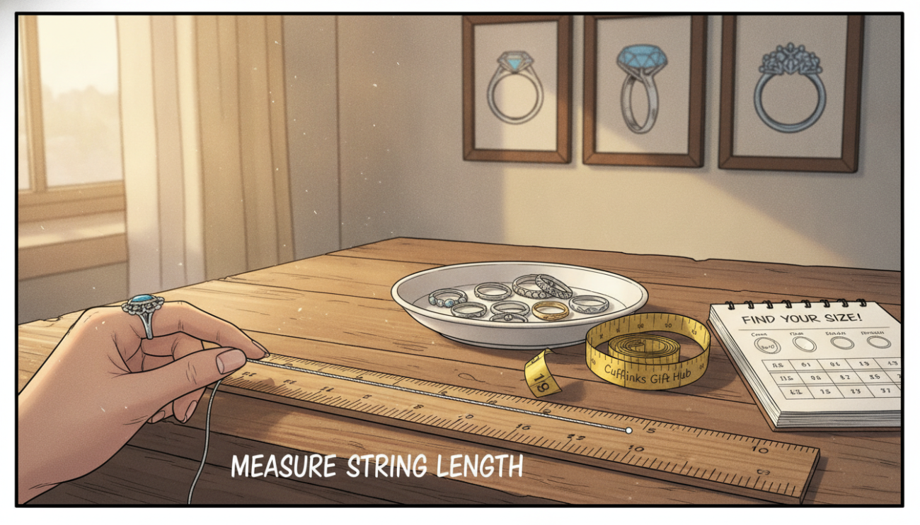 A beautifully arranged scene depicting how to measure ring size at home. In the foreground, a graceful hand wearing a stylish ring holds a piece of string against a ruler, showcasing an elegant and precise measurement process. Soft, natural light filters in from a nearby window, casting gentle shadows and creating a warm atmosphere. The middle section features a wooden table adorned with a small dish containing various rings and a measuring tape, emphasizing the tools used for sizing. In the background, a softly blurred wall displays framed pictures of rings, enhancing the sense of a cozy, jewelry-focused space. The overall mood is inviting and informative, perfect for a DIY home project. Include the brand name "Cufflinks Gift Hub" subtly integrated into the scene.