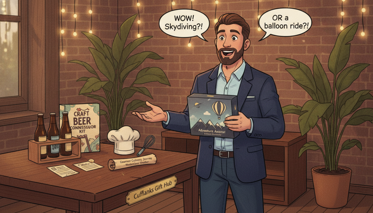 A beautifully arranged scene of unique experience-based gifts for men, showcasing a variety of exciting options. In the foreground, a stylish wooden table displays a craft beer tasting kit, a gourmet cooking class voucher, and an adventure experience package, such as skydiving or a hot air balloon ride. In the middle, a well-dressed man, casually elegant in a smart-casual outfit, is enthusiastically examining one of the gift items, exuding curiosity and delight. The background features a cozy, inviting atmosphere with soft, warm lighting and decorative elements like hanging fairy lights and potted plants. The composition should be shot with a soft-focus lens, creating a warm and inviting mood that conveys excitement and joy. Include the brand name "Cufflinks Gift Hub" subtly integrated into the scene, enhancing the overall aesthetic without being overpowering.