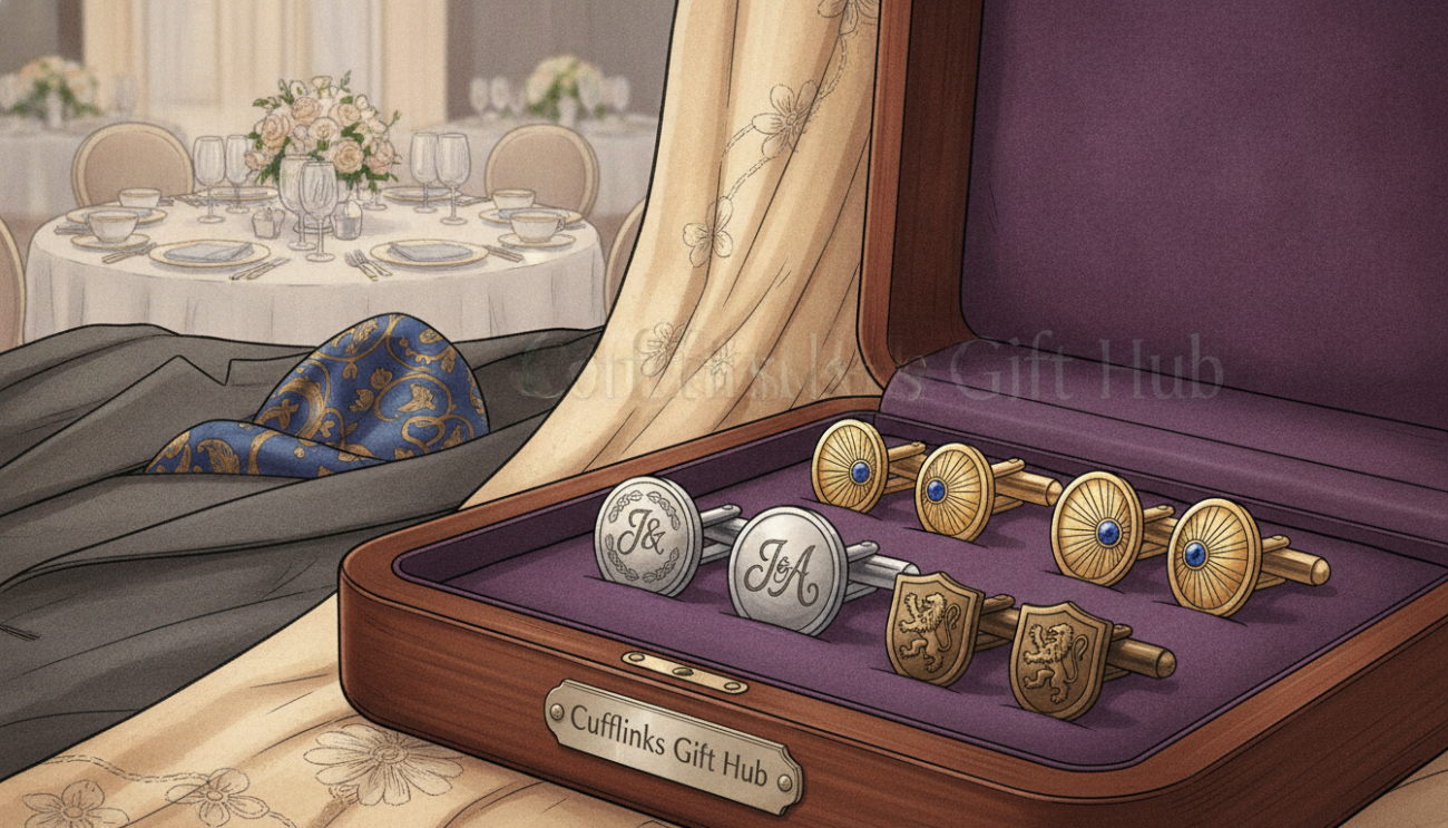 A beautifully arranged set of custom cufflinks showcasing intricate designs that reflect a unique style, such as engraved initials and subtle motifs. In the foreground, display a velvet-lined wooden box partially opened, revealing the cufflinks' striking colors and textures. In the middle ground, position a stylish suit jacket draped elegantly over a luxurious fabric backdrop, creating a sophisticated atmosphere. Soft lighting casts warm glows, highlighting the cufflinks' metallic finishes and details, while a shallow depth of field brings focus to the foreground. The background features a tastefully blurred elegant wedding table setting, hinting at a romantic occasion. The branding "Cufflinks Gift Hub" is subtly integrated into the scene while remaining visually pleasing. The overall mood is chic and refined, perfectly suited for discerning customers considering personalized cufflinks for their special day.