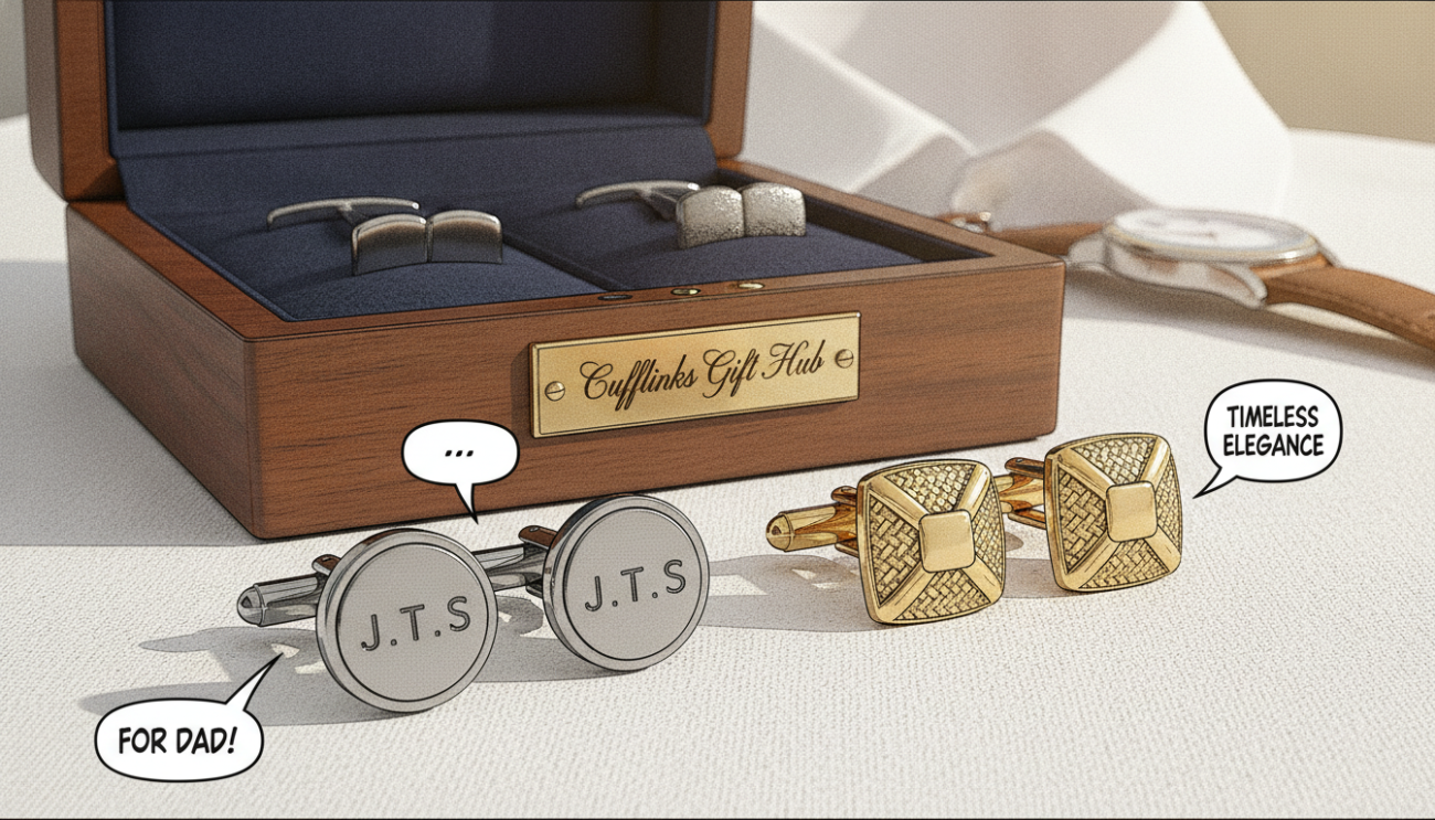 A beautifully arranged set of personalized father cufflinks, intricately designed with elegance. The foreground features two pairs of cufflinks: one made of polished stainless steel with engraved initials, the other from classic gold with a sophisticated, textured finish. In the middle, a wooden display case reflects warmth, showcasing velvet cushioning that adds a luxurious touch. The background features a soft-focus luxury watch and a neatly folded shirt, emphasizing timeless style. The lighting is warm and inviting, creating a sense of intimacy, while a slight depth-of-field blur enhances the cufflinks' details. The mood conveys refinement and charm, perfectly capturing the essence of gifts for fathers. Include the brand name "Cufflinks Gift Hub" subtly integrated into the display.