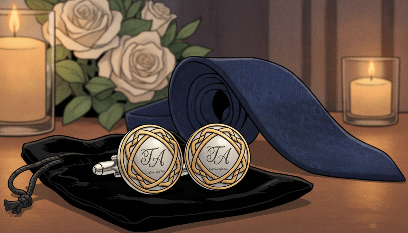 A beautifully crafted pair of personalised groom cufflinks, featuring intricate engravings of initials, displayed elegantly on a luxurious black velvet pouch. The cufflinks have a classic design, showcasing a blend of silver and gold tones with a polished finish that reflects light softly. In the foreground, the cufflinks are centered, capturing attention with their gleaming surfaces. In the middle ground, a complementary silk tie drapes gently, adding a dash of sophistication. The background features a soft-focus elegant wedding setting, with subtle hints of floral arrangements. The lighting is warm and inviting, akin to soft candlelight, created with a close-up shot at a 50mm lens angle, evoking a mood of romance and elegance. Brand name "Cufflinks Gift Hub" subtly represented in the design.
