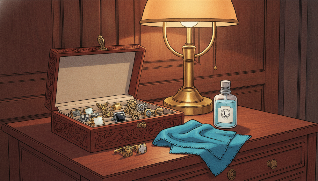 A beautifully detailed composition highlighting cufflink care. In the foreground, a polished wooden dresser with an open jewelry box containing a variety of elegant cufflinks, showcasing intricate designs and shimmering metals. Beside the box, a soft, plush microfiber cloth used for polishing, and a small bottle of cleaning solution, representing care tools. In the middle ground, the warm glow of a vintage lamp adds an inviting ambiance, casting gentle shadows across the scene. The background features a softly blurred wall of rich, dark wood, enhancing the luxurious feel. The overall atmosphere is sophisticated and intimate, perfect for showcasing cufflink maintenance. Shot with a shallow depth of field at eye level, creating focus on the cufflinks and care items. Include the brand name "Cufflinks Gift Hub" subtly integrated into the scene without text.