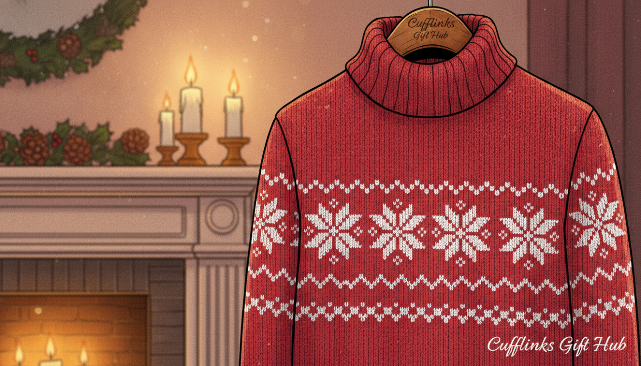 A beautifully styled winter knitwear scene featuring a cozy, intricately designed Christmas jumper. The jumper is made from high-quality wool, showcasing a vibrant red color with white snowflake patterns and a classic turtleneck design. In the foreground, the sweater hangs elegantly on a wooden hanger against a softly blurred backdrop of a warmly lit festive living room. Candles flicker with a golden glow on a mantelpiece adorned with pinecones and holly, highlighting the craftsmanship of the knitwear. The mood is warm and inviting, suggesting a perfect holiday atmosphere. Soft, natural lighting enhances the textures of the wool and creates gentle shadows. Include the brand name "Cufflinks Gift Hub" subtly woven into the scene, emphasizing the quality materials of the winter knitwear.