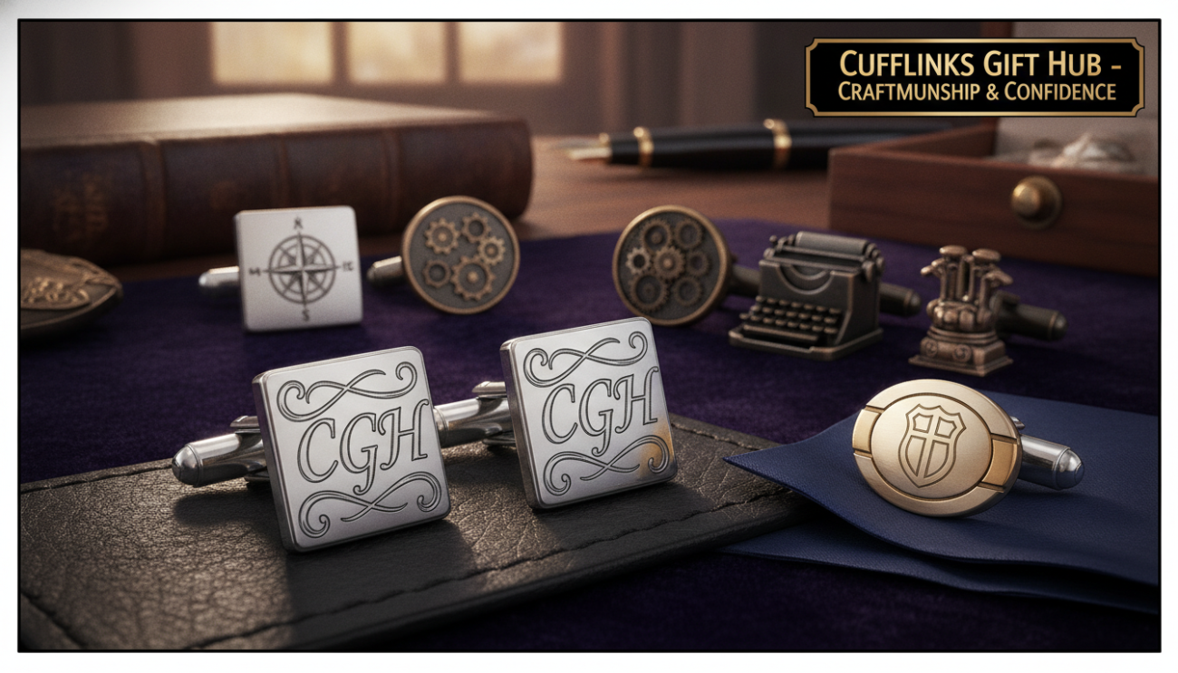 A close-up composition featuring an assortment of premium engraved cufflinks, highlighting their materials. In the foreground, showcase a pair of cufflinks crafted from polished stainless steel with intricately engraved letters, reflecting elegance and sophistication. Include rich textures like matte leather and contrasting metals, perhaps some with gold accents, adding luxury. The middle ground should subtly display a variety of cufflink styles, like round, square, and novelty shapes, arranged artfully on a dark velvet background to enhance their shine. The background is elegantly blurred, suggesting a sophisticated workspace ambiance with soft, diffused lighting to create a warm and inviting atmosphere. The setting emphasizes quality craftsmanship and confident self-expression. Capture the essence of "Cufflinks Gift Hub" through this refined visual representation.