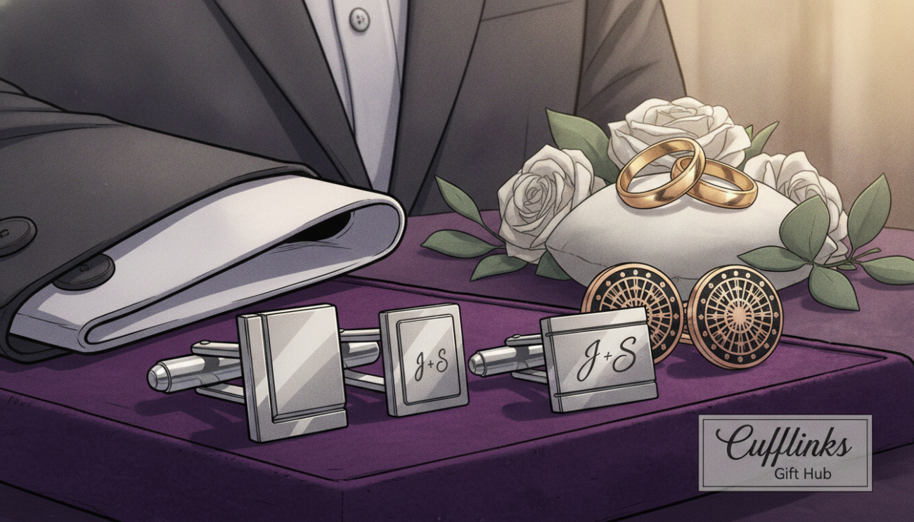 A close-up display of modern groom cufflink designs showcasing elegant craftsmanship, with a variety of styles including sleek silver, personalized engraved pieces, and intricate patterned designs. In the foreground, highlight a selection of the cufflinks arranged artistically on a dark velvet fabric background, capturing their shine and detail. In the middle, include a blurred wedding suit jacket, emphasizing formality and sophistication. The background features softly lit decorative elements like wedding rings and floral arrangements, suggesting romance and celebration. Use soft, diffused lighting to create a warm ambiance, with a focus on highlighting the textures and finishes of the cufflinks. This image represents the brand "Cufflinks Gift Hub" and the evolving trends in groom cufflink designs.