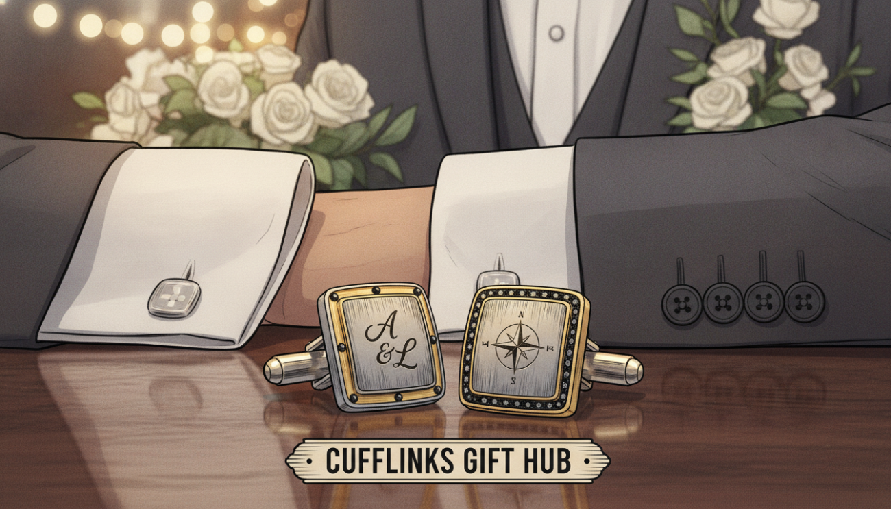 A close-up image of bespoke cufflinks elegantly displayed on a polished wooden surface. The cufflinks are intricately designed, showcasing personalized engravings and rich materials like silver and gold, reflecting a sense of luxury. In the foreground, soft, diffused lighting illuminates the cufflinks, highlighting their craftsmanship and unique details. In the middle ground, a stylish groom's outfit, including a crisp white shirt and a tailored suit, complements the cufflinks. The background features blurred wedding decorations, suggesting an intimate bridal setting. The atmosphere is sophisticated and romantic, capturing the essence of personalization and thoughtful details for the groom's wedding day, branded as "Cufflinks Gift Hub." A gentle bokeh effect adds a dreamlike quality to the image.
