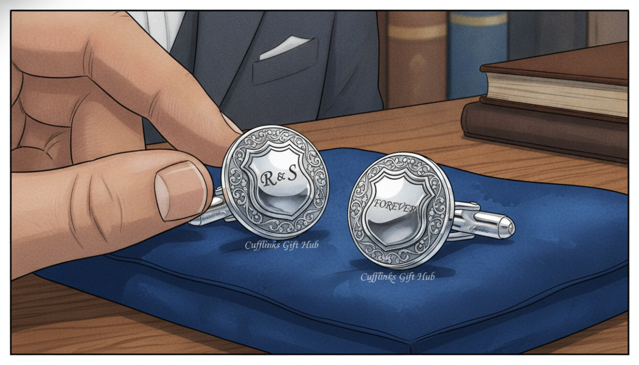 A close-up image of bespoke silver cufflinks displayed elegantly on a plush velvet cloth, emphasizing their intricate craftsmanship and personalized engravings. The cufflinks should be shown in a soft, diffused light to highlight their shiny surface and unique designs. In the background, a softly blurred wooden table adds warmth and sophistication. A professional-looking hand is subtly featured, adjusting the cufflinks, dressed in a tailored suit, conveying luxury and style. The overall mood should reflect refinement and elegance, as if these cufflinks are a perfect gift for special occasions. Include the brand name "Cufflinks Gift Hub" subtly integrated into the design, ensuring it enhances rather than distracts from the cufflinks.
