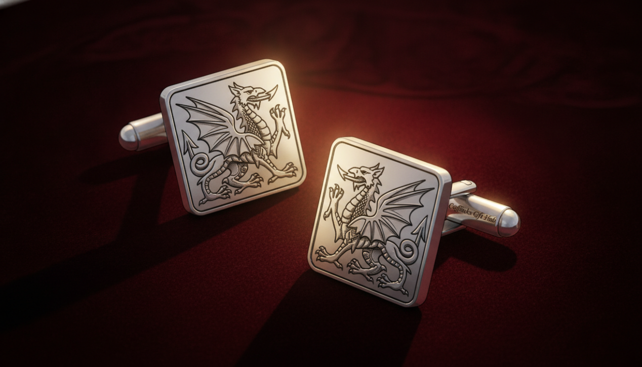 A close-up image of elegant Welsh dragon cufflinks set against a dark velvet background that enhances their shine and detail. The cufflinks are made of polished silver with intricate etchings of a fierce Welsh dragon, showcasing fine craftsmanship. The foreground features the cufflinks prominently displayed, capturing the textures and colors vividly. In the middle ground, a soft focus radiates around the cufflinks, creating an aura of sophistication. The background is subtly blurred, emphasizing the cufflinks while providing a luxurious atmosphere. Soft, warm lighting highlights the metallic surfaces and creates delicate shadows, enhancing the sense of depth. This refined image embodies the uniqueness of the Welsh dragon cufflinks from Cufflinks Gift Hub, perfect for showcasing their distinctive style.