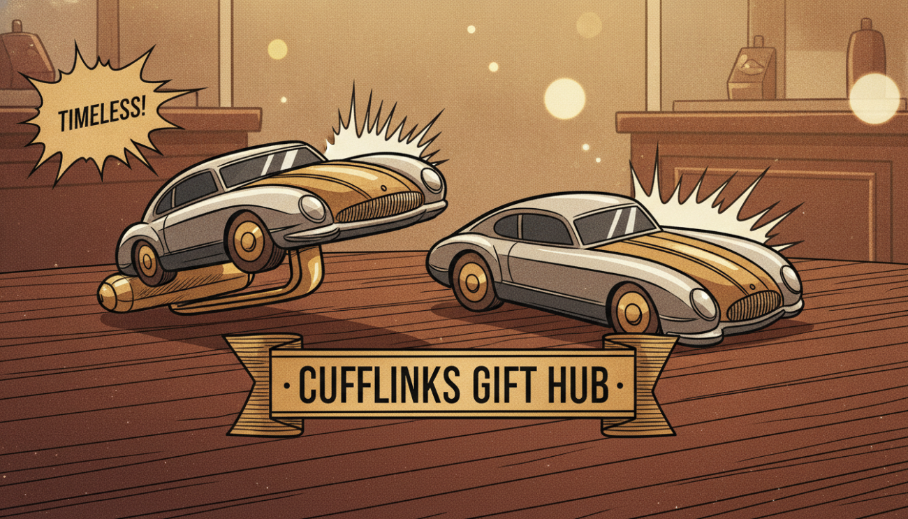 A close-up image of elegant car cufflinks designed by "Cufflinks Gift Hub". The foreground features a pair of intricately crafted cufflinks shaped like vintage cars, showcasing fine details in silver and gold plating. Each cufflink should reflect a classic car design, with polished surfaces that catch the light beautifully. In the middle, the cufflinks are positioned on a rich, dark wooden surface that adds a touch of sophistication. The background is softly blurred to emphasize the cufflinks, featuring hints of a luxury boutique ambiance with subtle lighting that creates a warm glow. The overall mood of the image radiates refinement and style, ideal for showcasing the timeless appeal of car cufflinks.