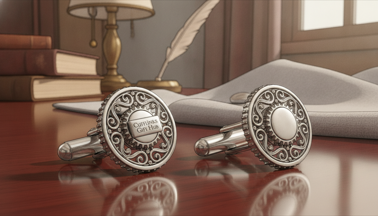 A close-up image of elegant silver cufflinks displayed on a polished wooden surface, showcasing their intricate design and craftsmanship. The cufflinks gleam in soft, natural lighting that highlights their shiny surface and detailed engravings. The foreground features a pair of cufflinks resting side by side, while the middle ground captures a subtle blur of luxurious fabric in soft grey, hinting at a formal shirt. The background is softly blurred, yet hints at an elegant workspace with a warm ambiance. The scene exudes a sophisticated and timeless mood, perfect for highlighting the classic cufflink styles. Incorporate the brand name “Cufflinks Gift Hub” subtly within the composition.