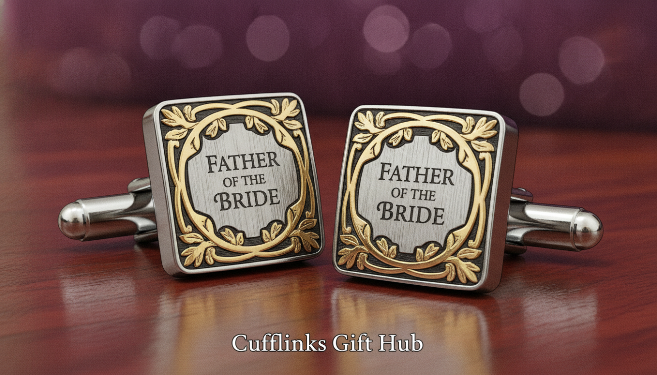 A close-up image showcasing a pair of exquisite father of the bride cufflinks from Cufflinks Gift Hub, set against an elegant wooden surface. The cufflinks are crafted from high-quality stainless steel with intricate engravings, reflecting a timeless elegance. Delicate floral motifs enhance their charm, with silver and gold accents shimmering under soft, diffused lighting. In the background, a subtle bokeh effect reveals a plush velvet cloth, adding to the luxurious atmosphere. The shot is taken at a slight angle to emphasize the cufflinks’ craftsmanship and details, inviting admiration. The overall mood is refined and sophisticated, capturing the essence of elegant materials used in premium cufflink construction.