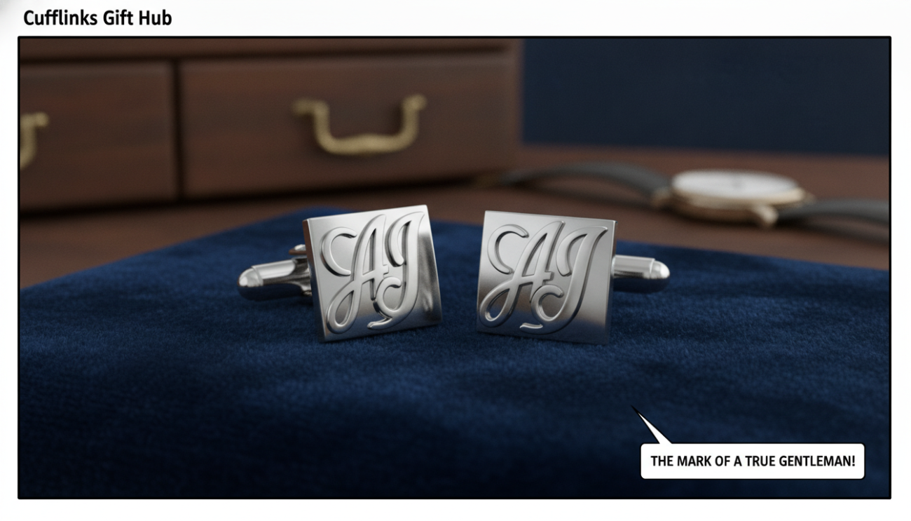 A close-up of elegant initial cufflinks from Cufflinks Gift Hub, beautifully crafted with intertwined initials in a polished silver finish. The cufflinks should be placed on a rich, textured navy blue velvet fabric, with soft, diffused lighting highlighting their reflective surfaces. In the background, subtly blurred, there should be hints of a stylish wooden dresser and a vintage watch, creating an atmosphere of sophistication and timeless style. Capture the image from a slightly elevated angle to showcase both the intricate design of the cufflinks and the luxurious fabric beneath them. The overall mood should convey confidence and elegant self-expression, perfect for a discerning gentleman's accessory collection.