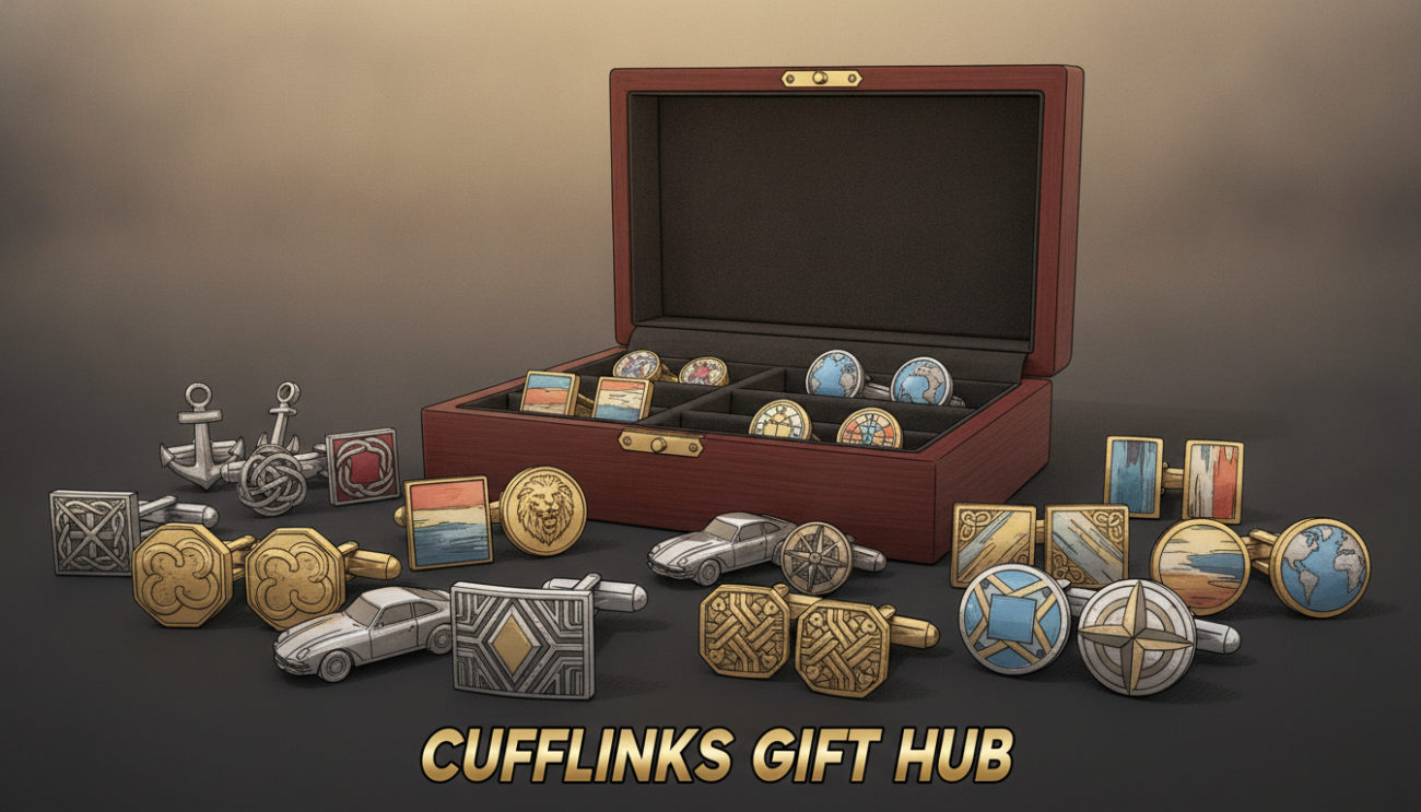 A close-up shot of an elegant display of designer cufflinks, showcasing a variety of styles that reflect diverse personalities. In the foreground, a luxurious assortment of cufflinks in different materials, including polished silver, gold, and enamel. Some have intricate geometric designs and others feature classic motifs like animals or symbols, appealing to both modern and traditional tastes. The middle layer captures an upscale wooden cufflink box, slightly opened to reveal the cufflinks inside. The background features a soft-focus subtle gradient in muted colors, giving a sophisticated atmosphere. The lighting is warm and inviting, highlighting the reflective surfaces of the cufflinks, while a shallow depth of field emphasizes the details. This image represents the brand "Cufflinks Gift Hub" and conveys a sense of class and versatility for gifting occasions.