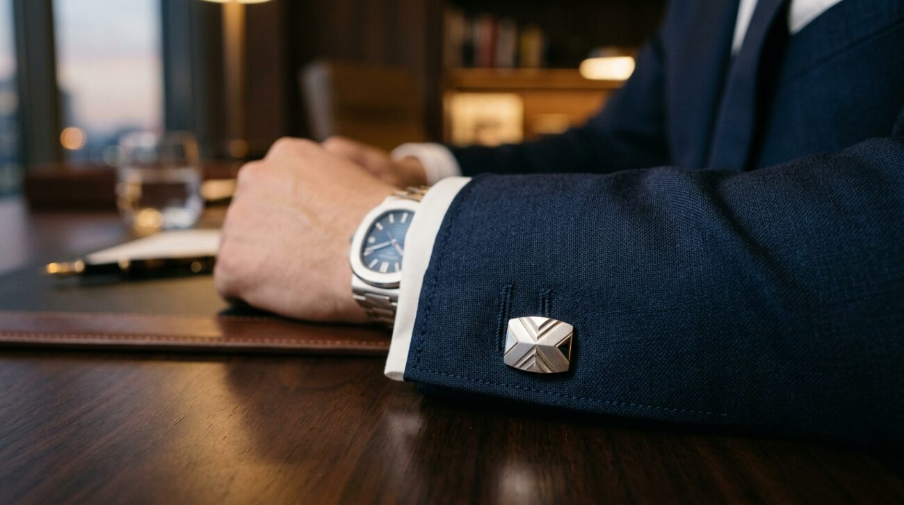 A close-up shot of an elegant silver cufflink on a tailored dark blue suit jacket. The cufflink features a unique geometric pattern with a polished finish, reflecting soft ambient light. In the middle layer, show the intricate stitching of the suit fabric, emphasizing its quality and texture. Background elements include a softly blurred upscale office setting with warm lighting and subtle hints of luxury, like a wooden desk and a stylish watch on the edge, creating a sophisticated atmosphere. The overall mood should convey professionalism and style, highlighting the importance of cufflinks as an accessory. Ensure the image conveys a polished look, suitable for the brand "Cufflinks Gift Hub", and avoids any text overlays or branding within the image.