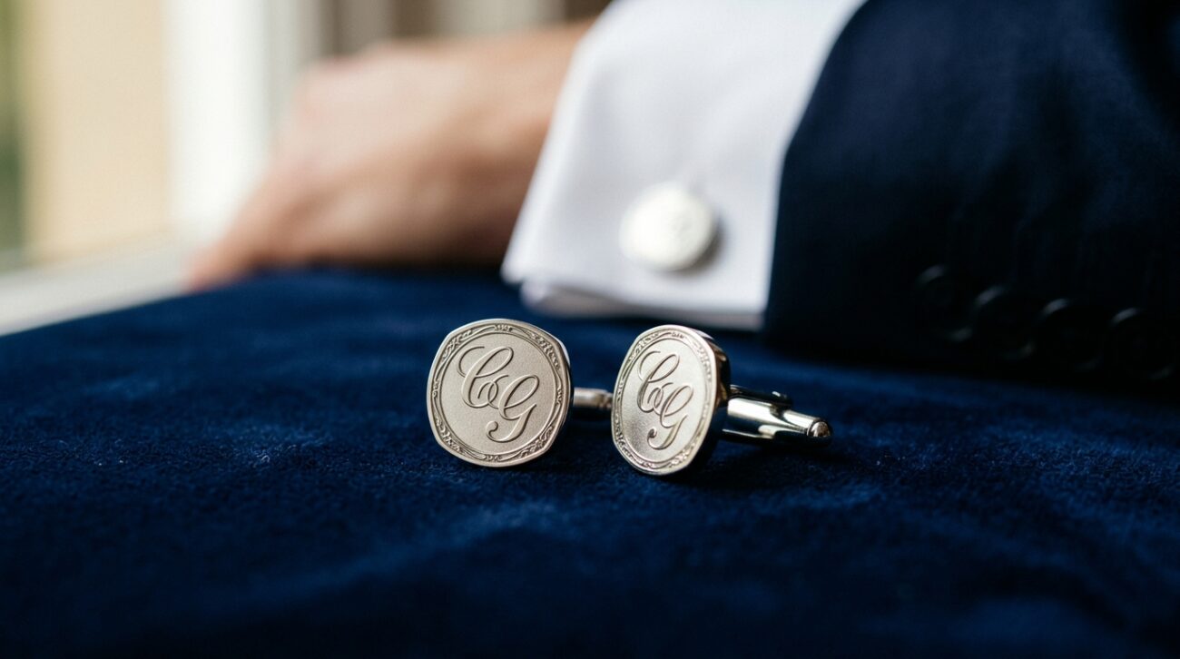 A close-up shot of custom cufflinks elegantly displayed on a soft, luxurious fabric background in deep navy blue. The cufflinks are crafted from polished silver with intricate engravings of the letters 'C' and 'G' for "Cufflinks Gift Hub", showcasing exquisite design details. Soft, ambient lighting highlights the reflective surfaces, casting gentle shadows that enhance the craftsmanship of the cufflinks. In the background, a blurred image of a tailored man's shirt cuffs adds context, portraying sophistication and style. The overall atmosphere is refined and upscale, perfect for illustrating the importance of quality in cufflink letters, emphasizing elegance and attention to detail.