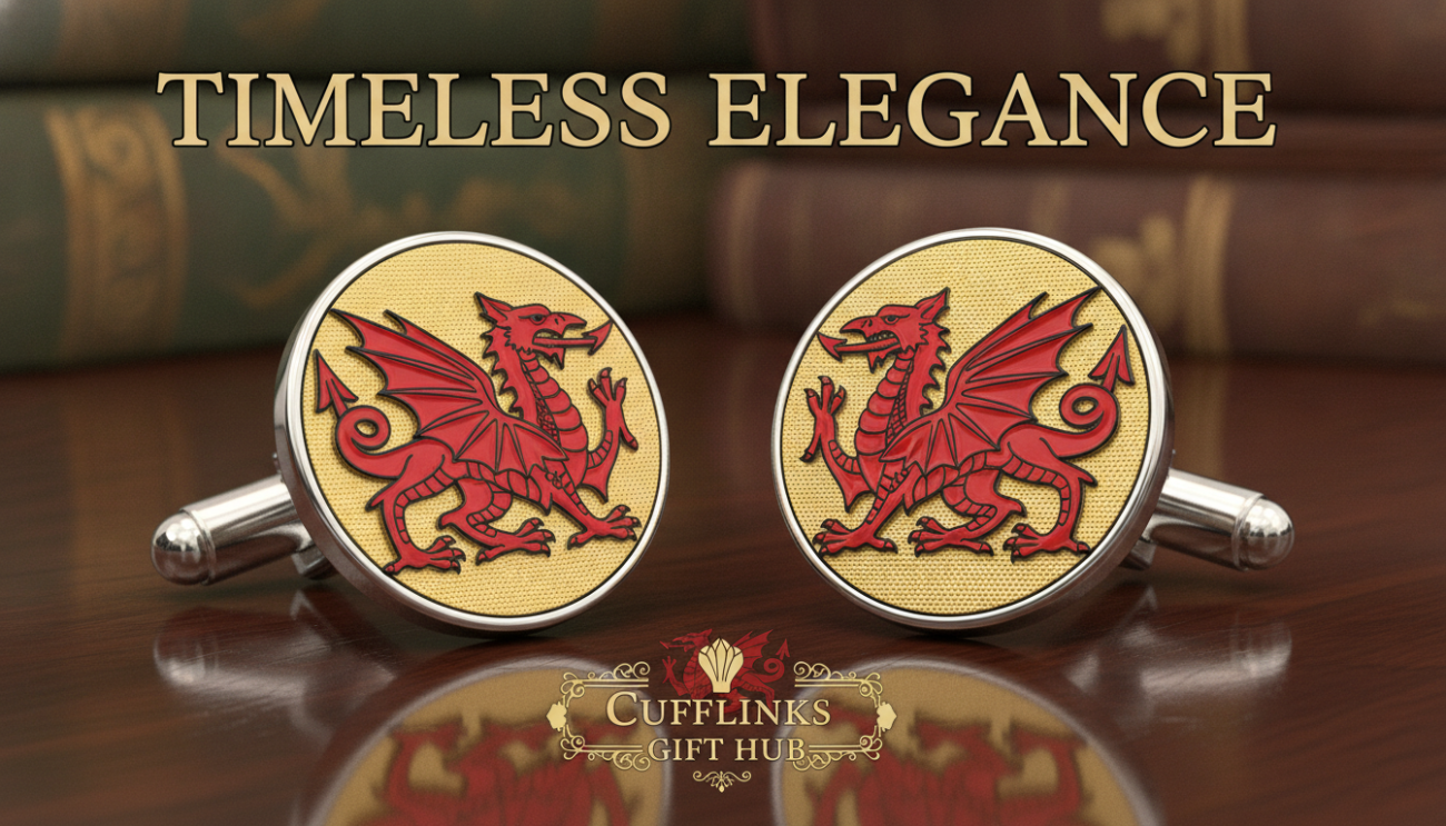 A close-up shot of elegant Welsh dragon cufflinks, showcasing intricate detailing and vibrant colors that symbolize Welsh heritage. The foreground features the cufflinks glistening in soft, warm light, emphasizing their craftsmanship and the artistic design of the dragon motif. In the middle ground, a polished wooden surface reflects the charm of classic men’s accessories, while the background is softly blurred, hinting at a sophisticated study setting with subtle shades of green and gold. The scene is illuminated by gentle, diffused lighting, creating a refined and inviting atmosphere. Capture this image in a professional style, akin to a high-quality product photograph, promoting the timeless elegance of cufflinks by Cufflinks Gift Hub.