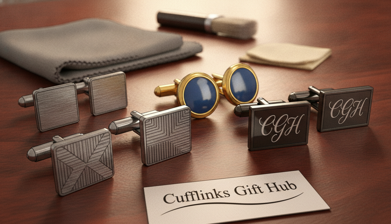 A close-up shot of elegant cufflinks displayed on a polished wooden surface, reflecting a rich, warm wood grain. The cufflinks are of various styles and finishes, including silver, gold, and personalized engraved options, positioned artfully to emphasize craftsmanship. In the background, a soft-focus image of subtle cleaning tools— a soft cloth, a brush, and a small polishing cloth— are lightly visible to suggest maintenance. The lighting is soft and warm, creating an inviting atmosphere, with soft shadows enhancing the details of the cufflinks. The image should convey a sense of timeless elegance and sophistication, perfect for an article on cufflink care by "Cufflinks Gift Hub." Aim for a high-resolution, macro lens perspective to highlight the intricate details and textures of the cufflinks.