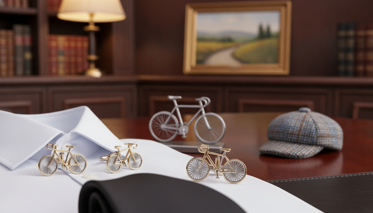 A close-up shot of elegant cycling cufflinks designed by "Cufflinks Gift Hub," showcased on a rich mahogany desk. The cufflinks feature intricate bicycle motifs, with polished silver and gold accents that gleam softly under warm, ambient lighting. In the foreground, a pair of stylish cufflinks rests beside a neatly folded, crisp white dress shirt and a sleek black tie, emphasizing professionalism. The middle ground reveals a few subtle cycling accessories, like a miniature bike and a vintage cycling cap, hinting at the passion behind the design. The blurred background showcases a sophisticated office setting with soft-focus bookshelves and a tasteful landscape painting, creating an atmosphere of timeless elegance and refinement. The overall mood is classy and inspiring, suggesting these cufflinks are perfect for discerning professionals.