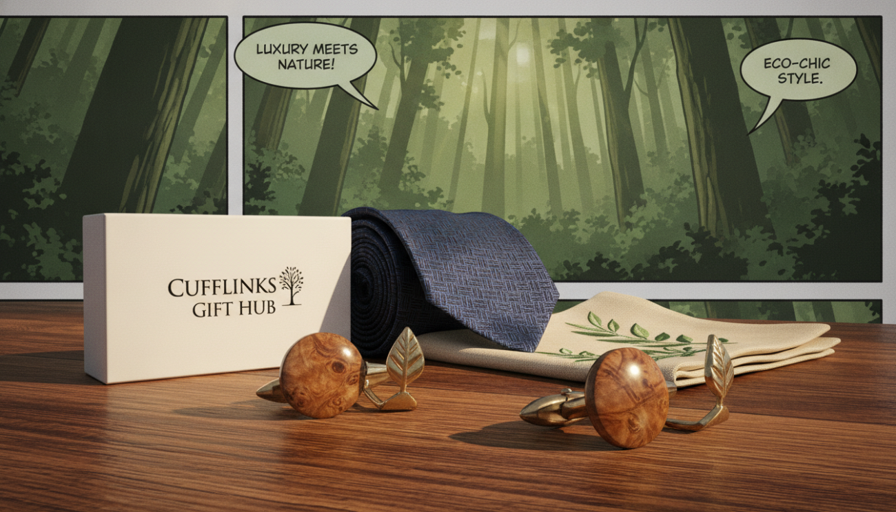 A close-up shot of exquisite wood cufflinks displayed on a sleek, natural wooden surface. The foreground showcases the cufflinks glistening under soft, warm ambient lighting, highlighting their elegant craftsmanship and unique grain patterns. Beside them, a minimalist box labeled “Cufflinks Gift Hub” adds a touch of sophistication. In the middle, a subtle arrangement of sustainable fashion accessories—like eco-friendly ties or organic fabric handkerchiefs—creates a harmonious balance. The background features a blurred, lush green setting, evoking a sense of nature and sustainability, with soft sunlight filtering through leaves. The mood is refined and inviting, perfect for showcasing high-quality gifts that blend luxury and eco-conscious values.