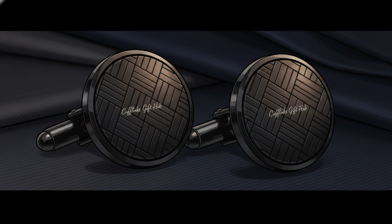 A close-up view of a pair of elegant black cufflinks designed for suits, showcasing their intricate details and craftsmanship. The cufflinks feature a polished finish with a subtle textured pattern that catches the light beautifully. In the background, softly blurred, there are hints of sophisticated suit fabrics in varying shades—charcoal, navy, and black—creating an atmosphere of luxury and refinement. The lighting is warm and diffused, highlighting the cufflinks' sheen while casting gentle shadows to emphasize their three-dimensional form. The composition is taken with a macro lens, allowing for a rich depth of field. The mood conveys sophistication and style, perfect for the discerning gentleman. Brand name "Cufflinks Gift Hub" subtly etched on the cufflinks.