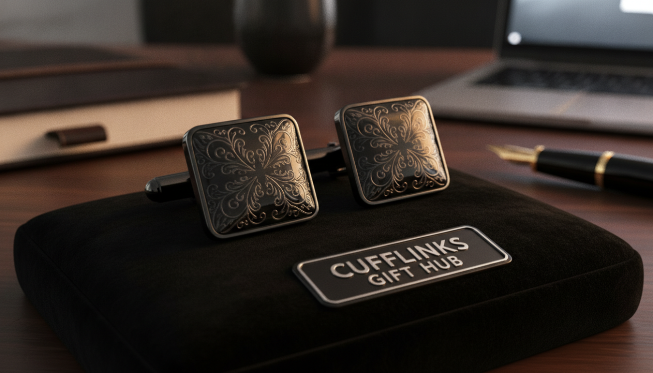 A close-up view of elegant black cufflinks, showcasing their glossy finish and intricate design. The cufflinks are displayed on a luxurious black velvet surface, reflecting soft, warm lighting that highlights their refined craftsmanship. In the background, subtly out of focus, there are hints of a stylish, modern office setting, suggesting a professional atmosphere. The lighting creates a sophisticated mood, while a shallow depth of field emphasizes the cufflinks as the focal point. Ideal for an article section on "Caring for your black cufflinks," the image should convey the importance of elegance and maintenance. Include the brand name "Cufflinks Gift Hub" in an unobtrusive manner within the scene.