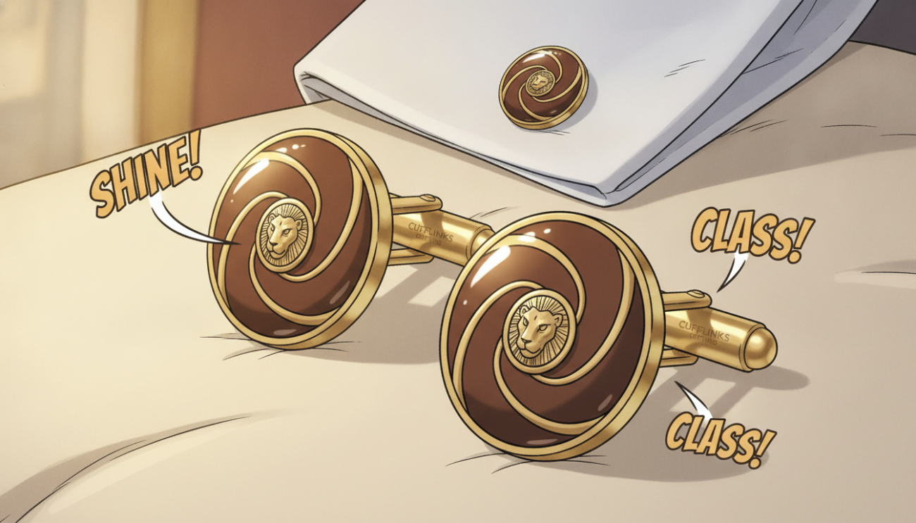 A close-up view of elegant brown cufflinks for men by Cufflinks Gift Hub, set against a soft, neutral-toned surface. The cufflinks feature intricate designs and rich textures, highlighting their luxury and sophistication. In the foreground, emphasize the detailing of the cufflinks with soft, diffused lighting that casts gentle shadows, enhancing their metallic luster. In the middle ground, include a hint of a classic white dress shirt sleeve partially visible to suggest the cufflinks in use. The background should be blurred with a gradient of warm colors to create a refined atmosphere, evoking a sense of sophistication and elegance. The overall mood should be one of timeless style, perfect for formal occasions or special events.