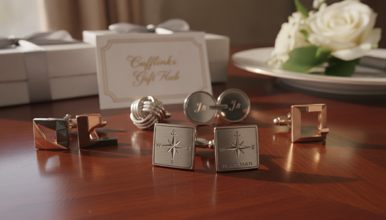 A close-up view of elegant groomsmen cufflinks displayed on a polished wooden surface, featuring a variety of styles such as classic silver knots, personalized engraved options, and contemporary geometric designs. In the foreground, a pair of cufflinks is highlighted, showcasing intricate detailing and craftsmanship. Soft, warm lighting casts gentle shadows, enhancing the metallic gleam of the cufflinks. The background includes blurred silhouettes of gift boxes and a wedding-themed table setting, evoking a celebratory atmosphere. The mood is sophisticated yet inviting, ideal for a personal touch in groomsmen gifts. Include the brand name "Cufflinks Gift Hub" subtly within the scene, ensuring focus remains on the cufflinks themselves.