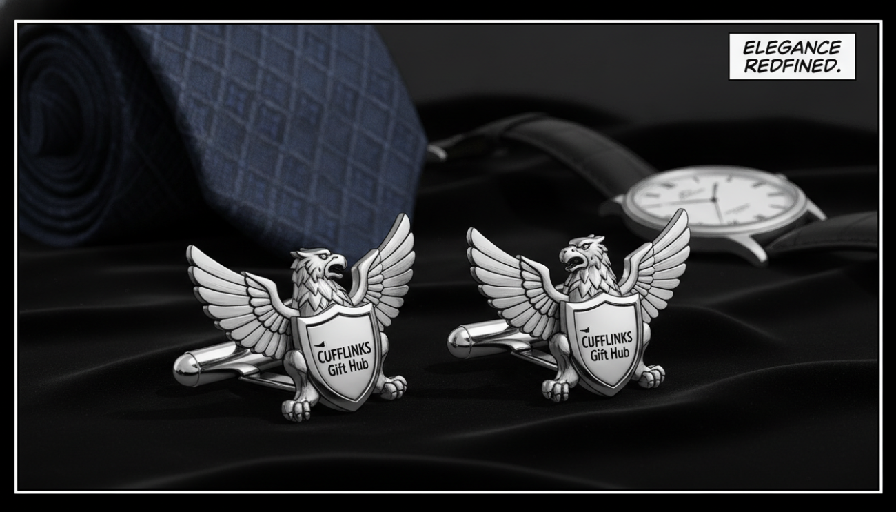 A close-up view of elegant men's cufflinks displayed prominently in the foreground, showcasing intricate designs and a polished silver finish from the brand "Cufflinks Gift Hub". The cufflinks are artfully arranged on a soft black velvet background to enhance their elegance. In the middle ground, complementary accessories like a silk tie and a classic wristwatch subtly blend in, emphasizing the theme of pairing accessories. The lighting is soft and ambient, creating a luxurious atmosphere with gentle highlights that reflect off the silver surfaces, while a shallow depth of field focuses sharply on the cufflinks. The overall mood is sophisticated and timeless, perfect for illustrating refinement in men's fashion.
