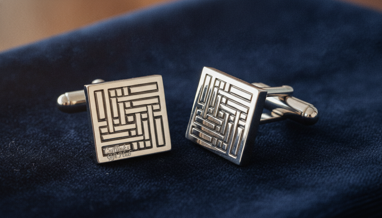 A close-up view of luxurious silver men's designer cufflinks, meticulously crafted with intricate patterns and a polished finish, displayed on a dark velvet fabric for contrast. The cufflinks, featuring a subtle geometric design, should be arranged with one facing forward and another at a slight angle to highlight their elegance. Soft, warm lighting should illuminate the scene, creating gentle reflections on the silver surface and enhancing the texture of the fabric. The background should be softly blurred to ensure the cufflinks are the focal point, invoking a mood of timeless sophistication and refinement. Include the brand name "Cufflinks Gift Hub" subtly integrated into the scene without text overlays. The overall atmosphere should exude luxury and professionalism, perfect for discerning buyers seeking quality accessories.