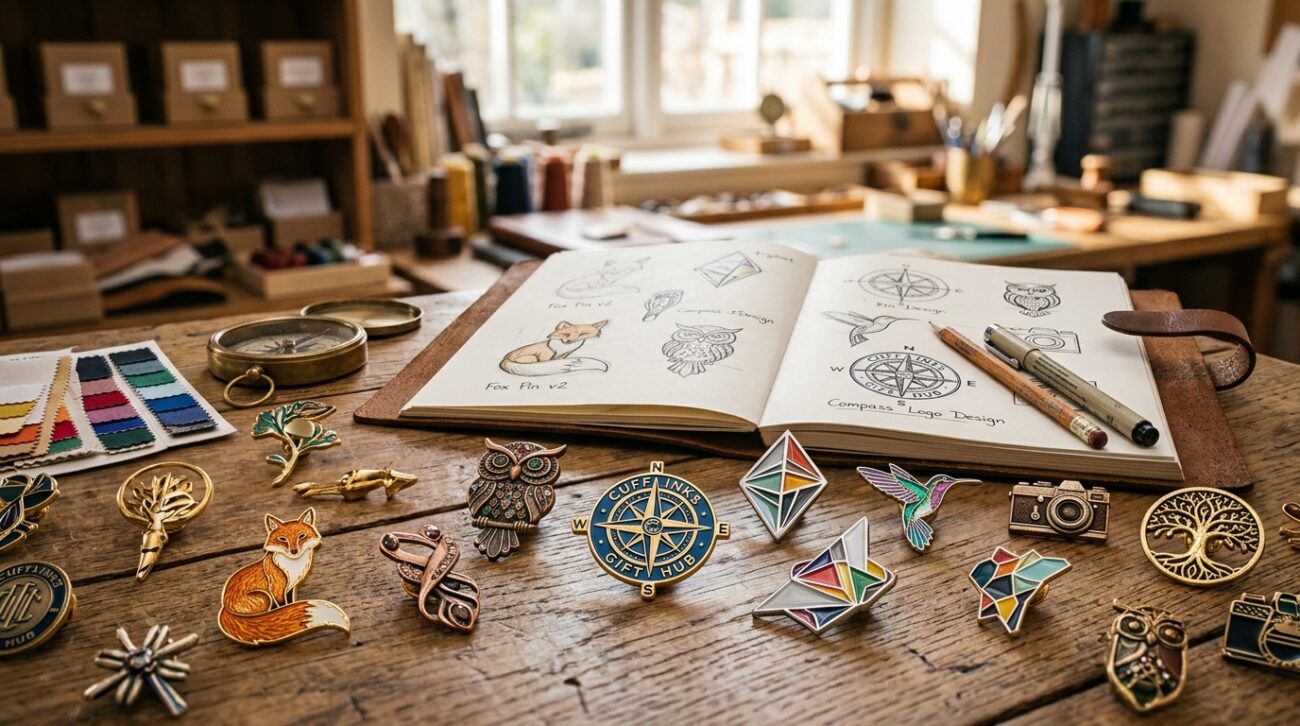 A collection of bespoke lapel pins displayed elegantly on a wooden table, featuring intricate designs and vibrant colors. The foreground showcases several stylish pins with unique shapes such as animals, logos, and abstract forms, all made with high-quality materials reflecting light. In the middle ground, a designer's sketchbook is open, featuring various lapel pin designs, alongside tools like a compass and color swatches, hinting at the creative process. The background presents a softly blurred workshop environment with warm, inviting lighting that highlights the craftsmanship. The atmosphere conveys creativity and professionalism, representative of "Cufflinks Gift Hub." Capture this scene from a slightly elevated angle to provide a comprehensive view of the details while maintaining a clean, minimalistic composition.