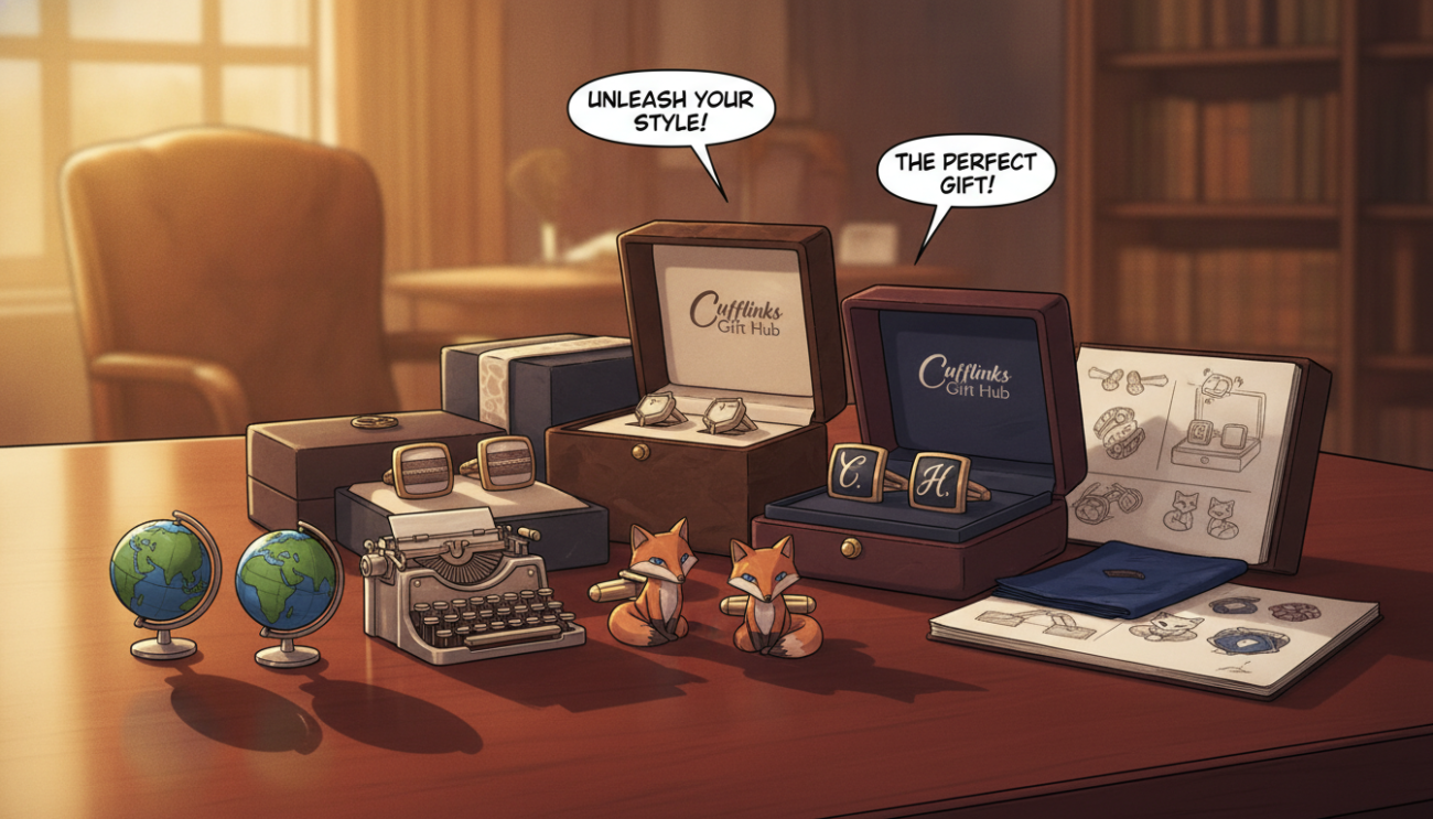 A collection of creative cufflinks displayed elegantly on a deep mahogany wooden surface. In the foreground, showcase a variety of unique designs, including a miniature globe, a vintage typewriter, and whimsical animal shapes, each with intricate detailing. The middle ground features a soft-focus arrangement of stylish cufflink boxes, some open to reveal their contents, emphasizing personalization options with fabric swatches and design sketches nearby. The background is subtly blurred, hinting at a sophisticated office environment bathed in warm, inviting light. The lighting should create soft shadows, enhancing the elegance of the cufflinks. Capture the essence of individuality and style, embodying the brand "Cufflinks Gift Hub." The mood is creative and upscale, perfect for a discerning audience.