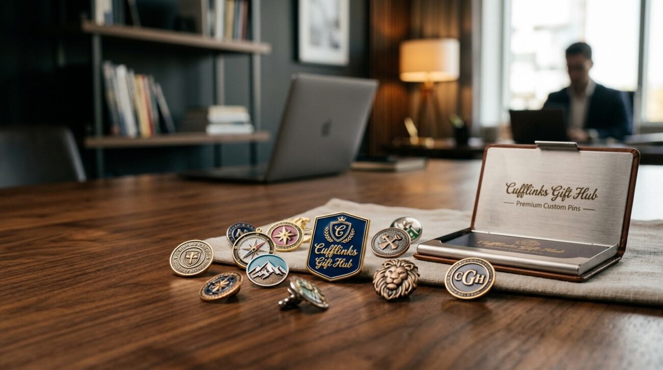 A collection of elegant, tailor-made lapel pins displayed prominently on a sleek wooden table. In the foreground, several stylish pins featuring unique designs and vibrant colors catch the light, glimmering to highlight their craftsmanship. The middle ground reveals an open business card case next to the pins, suggesting a thoughtful branding approach. Behind, a soft-focus backdrop features a sophisticated office setting with minimalistic decor, enhancing the professional atmosphere. Balanced warm lighting accentuates the details of the pins while creating a welcoming mood. The lens used is a shallow depth of field to draw attention to "Cufflinks Gift Hub," ensuring that viewers appreciate the artistry and significance of each pin in the realm of branding.