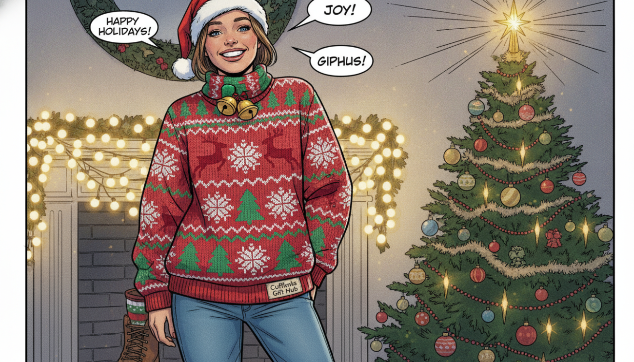 A cozy holiday sweatshirt designed for festive occasions, featuring vibrant Christmas motifs like snowflakes, reindeer, and trees in a joyful array of red, green, and white colors. In the foreground, the sweatshirt is modeled by a smiling person wearing comfortable, stylish jeans and festive accessories. In the middle background, soft fairy lights twinkle, creating a warm, inviting ambiance. The scene is complemented by a neatly decorated Christmas tree adorned with colorful ornaments and a golden star. The lighting is softly diffused, casting a gentle glow that enhances the holiday spirit. Capture this moment with a slight angle that emphasizes both the sweatshirt and the festive decor, evoking feelings of cheer and celebration. Include the brand name "Cufflinks Gift Hub" subtly incorporated into the image design.