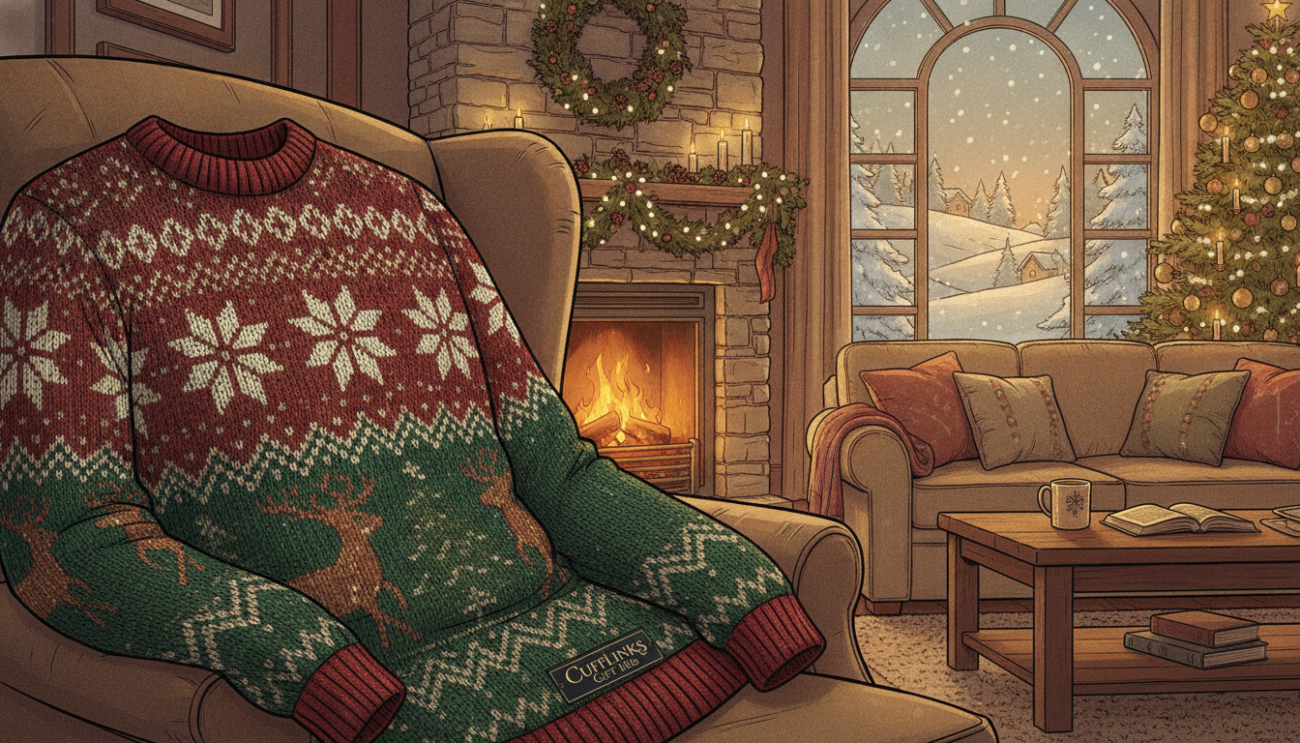 A cozy winter scene featuring a beautifully knitted Christmas jumper displayed prominently in the foreground, with intricate seasonal patterns such as snowflakes and reindeer. The middle ground showcases a softly lit living room, adorned with festive decorations and a crackling fireplace, creating a warm and inviting atmosphere. In the background, a frosty window reveals a winter wonderland outside, with gentle snowflakes falling. The lighting is warm and gentle, simulating the glow of candlelight, enhancing the mood of comfort and holiday cheer. The image captures the essence of caring for luxurious wool sweaters, emphasizing their texture and warmth. Include the brand name "Cufflinks Gift Hub" subtly integrated into the scene, ensuring it harmonizes with the overall aesthetic without distractions.