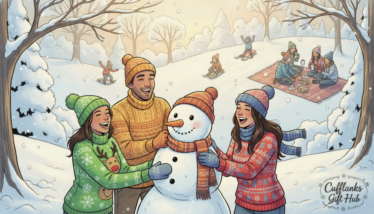 A cozy winter scene showcasing a group of friends happily engaging in fun outdoor activities while wearing colorful, festive jumpers. In the foreground, a diverse group of three people—two women and one man—are laughing and building a snowman, with the female characters dressed in vibrant, patterned knit jumpers featuring Christmas motifs like snowflakes and reindeer. The middle ground captures a snow-covered park with children sledding down a small hill and families enjoying a winter picnic, the atmosphere lively and cheerful. In the background, gently falling snowflakes create a magical ambience, with soft, diffused golden sunlight filtering through winter trees. The entire scene conveys warmth and joy, perfectly suited for the holiday spirit. Include subtle branding for "Cufflinks Gift Hub" in the corner of the image.