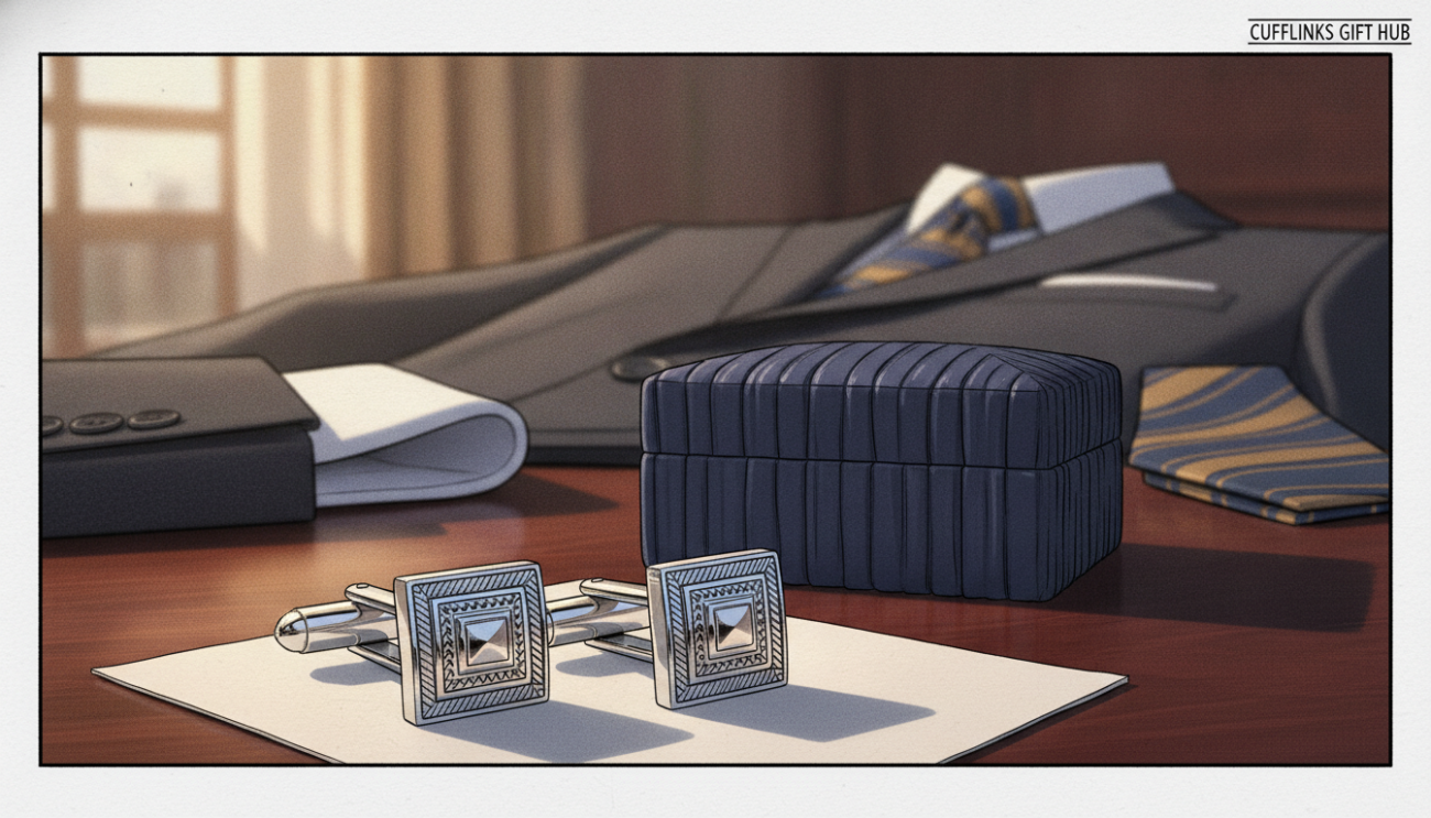 A luxurious arrangement of men's designer cuff links from "Cufflinks Gift Hub," showcasing their exquisite silver craftsmanship and refined sophistication. In the foreground, focus on a pair of intricately designed cuff links, featuring classic patterns and a polished finish that glimmers in soft natural light. The middle ground should include a stylish, elegantly folded silk cufflink box to enhance the luxurious feel. The background should be a softly blurred setting of a classy gentlemen's outfit laid out on a dark wooden table, hinting at a sophisticated atmosphere. Use warm lighting to create a welcoming ambiance, capturing the essence of timeless elegance. The angle should be a slight top-down view, allowing the details of the cuff links to stand out prominently. Ensure the image is clean and professional, free from any distractions or text.