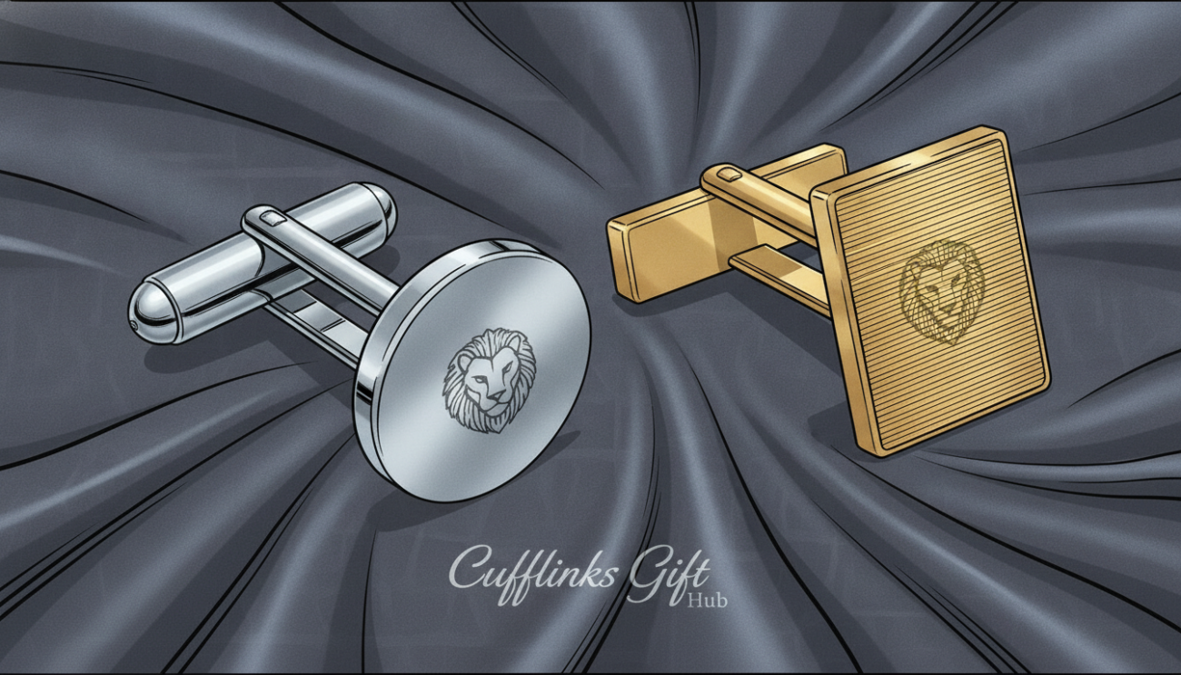 A luxurious close-up display of formal accessories, focusing on a pair of bullet back and whale back cufflinks side by side. The cufflinks should be intricately detailed, showcasing the unique mechanisms of each design, with the bullet back cufflink exhibiting a smooth, rounded profile and the whale back cufflink featuring a hinge and a more sculpted look. An elegant fabric background, perhaps a deep navy blue or charcoal gray, enhances the sophistication of the scene. Soft, diffused lighting casts gentle shadows, highlighting the metallic textures and reflections. Shot from a low angle to impart a sense of grandeur, the image exudes an atmosphere of refinement and professionalism. Include subtle branding of "Cufflinks Gift Hub" in the lower corner, ensuring it complements the overall aesthetic without overpowering the accessories.