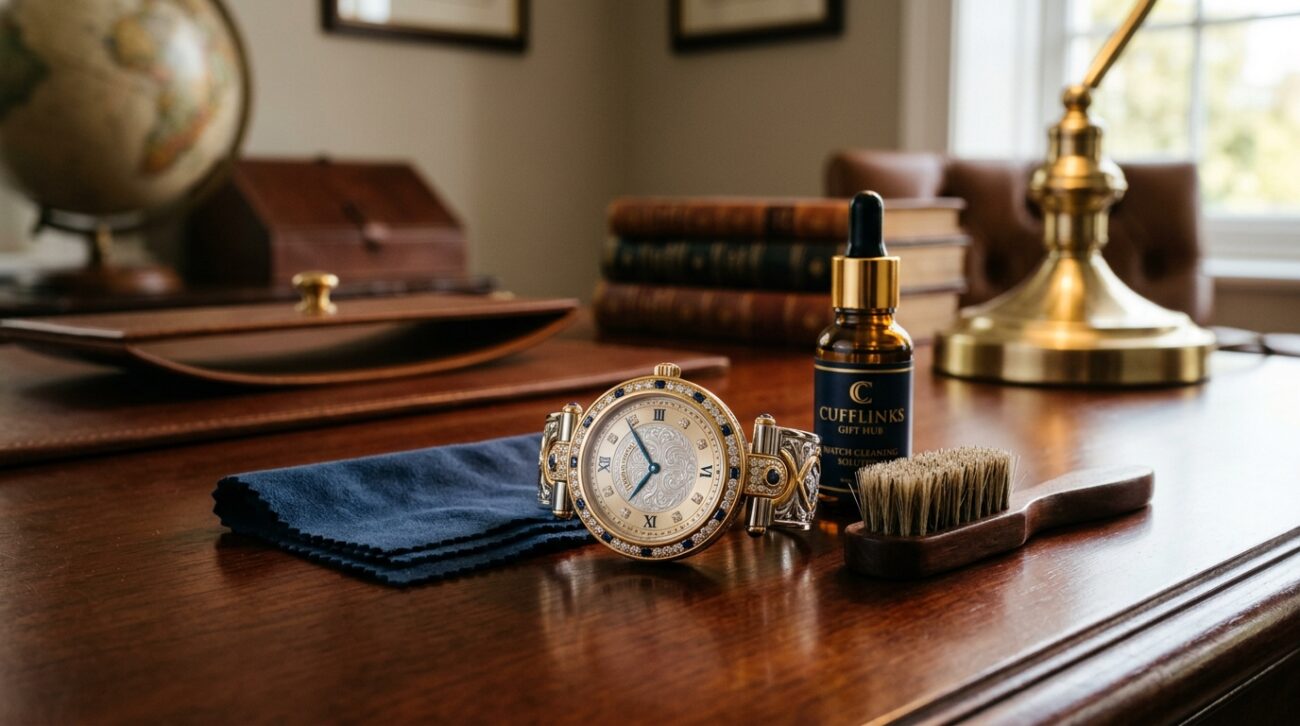 A luxurious cufflink watch displayed on a polished wooden desk, surrounded by elegant care tools such as a soft cloth, a watch cleaning solution, and a small brush. The watch features intricate detailing in gold and silver, with sparkling gemstones on the cufflinks. The foreground shows the watch glistening under soft, warm lighting, highlighting its craftsmanship. In the middle, the care tools are artfully arranged, enhancing the theme of maintenance. The background is a blurred sophisticated setting, suggesting an upscale office environment with hints of leather and metal decor. The overall atmosphere is refined and professional, evoking a sense of luxury and care associated with "Cufflinks Gift Hub."