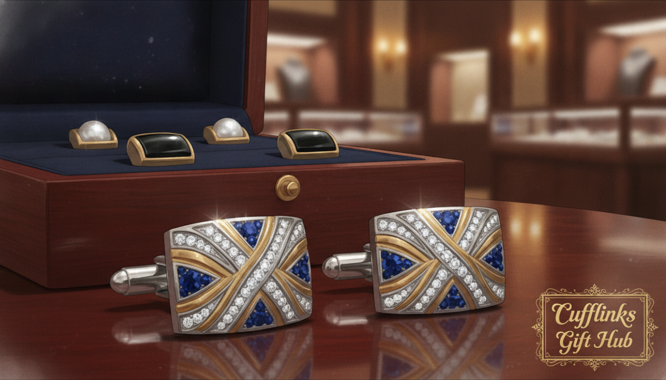 A luxurious display of elegant cufflinks designed for the Father of the Bride, presented on a polished wooden surface. The foreground features a pair of silver and gold cufflinks, intricately designed with vintage motifs and small gemstones that shimmer softly. In the middle, a stylish cufflink box opens slightly, showcasing an exquisite velvet lining that enhances the luxurious feel. The background is softly blurred, depicting an upscale jewelry store environment with warm, inviting lighting that casts a golden hue over the scene. The mood is sophisticated and refined, conveying the importance of the occasion. Captured with a close-up lens, highlighting the craftsmanship of the cufflinks, using soft focus to accentuate their beauty. The scene is branded with "Cufflinks Gift Hub," ensuring an air of exclusivity.