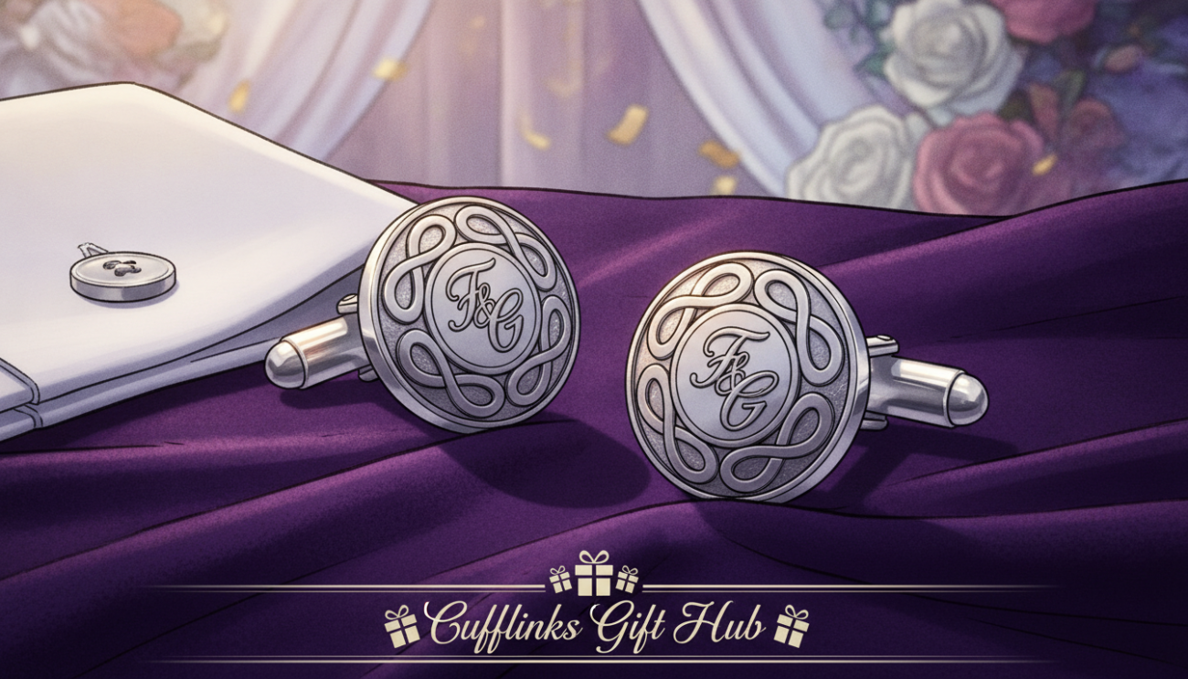 A luxurious pair of silver father of the groom cufflinks elegantly positioned on a dark velvet fabric. The cufflinks have intricate engravings showcasing their craftsmanship, glinting softly under warm, diffused lighting that creates a sense of sophistication. In the foreground, the cufflinks are prominently displayed, while in the middle ground, a subtle hint of a classic white dress shirt cuff can be seen, suggesting their intended use. In the background, a blurred wedding setting is hinted at, with soft flowers and decorations adding a celebratory atmosphere. The overall mood is elegant and refined, emphasizing the importance of choosing the perfect accessory for a memorable occasion. The brand name “Cufflinks Gift Hub” is implied through the quality and presentation of the cufflinks, symbolizing thoughtful gifting for the wedding day.