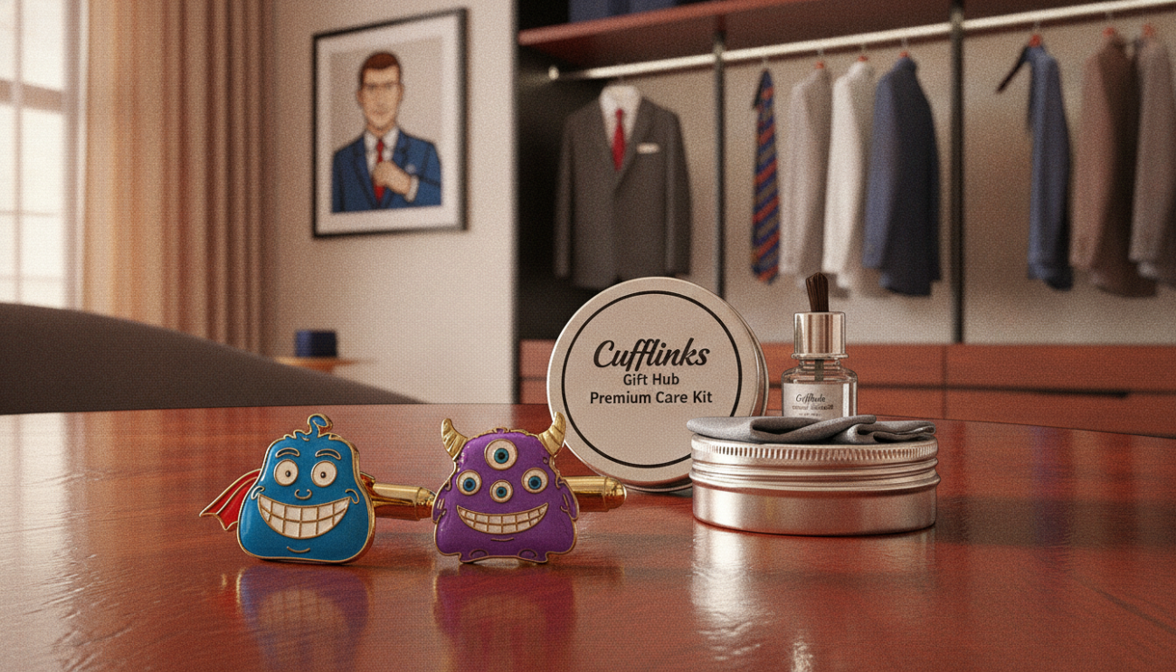 A neatly arranged display of quirky, premium cufflinks on a polished wooden table. In the foreground, a pair of colorful, whimsical cufflinks designed to resemble cartoon characters catches the eye, glimmering under soft, natural light. Just behind, a small, elegant cleaning kit for cufflinks, featuring a microfiber cloth and a gentle polishing solution, hints at proper care. The background shows a well-organized workspace with stylish business attire hanging on a rack, suggesting a sophisticated yet playful approach to self-expression. The lighting is warm and inviting, creating a friendly atmosphere. Shot with a shallow depth of field to emphasize the cufflinks while softly blurring the background. Brand: Cufflinks Gift Hub.