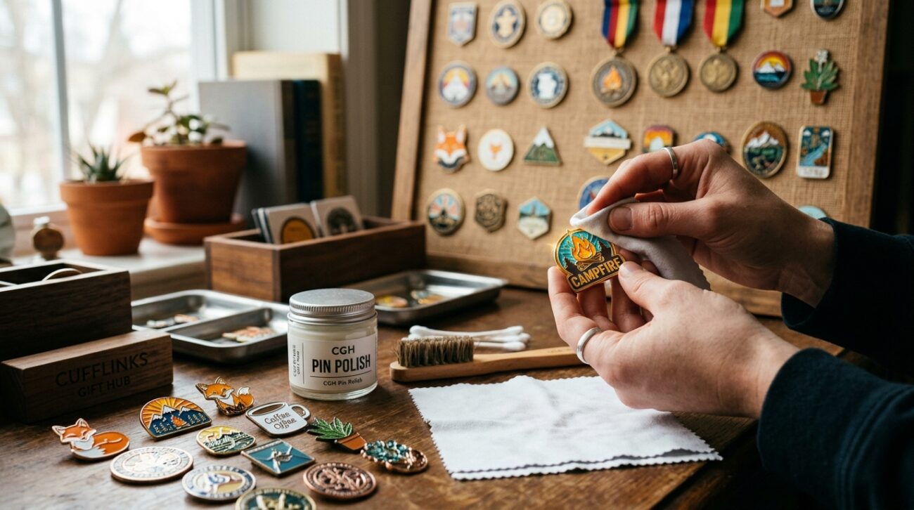 A neatly organized workstation displaying the care and maintenance of enamel pins and metal badges. In the foreground, delicate tools for cleaning, including a soft cloth, a small brush, and a container of polish, arranged around a colorful assortment of enamel pins. The middle layer features a close-up of a hand gently polishing a vibrant lapel pin, showcasing its detailed design and shiny finish. The background contains a stylish display board with various badges pinned in an artistic layout. Soft, natural lighting filters in from a window, creating an inviting atmosphere. The overall mood is warm and creative, highlighting the care these accessories require. The branding "Cufflinks Gift Hub" subtly integrated into the workstation setup.