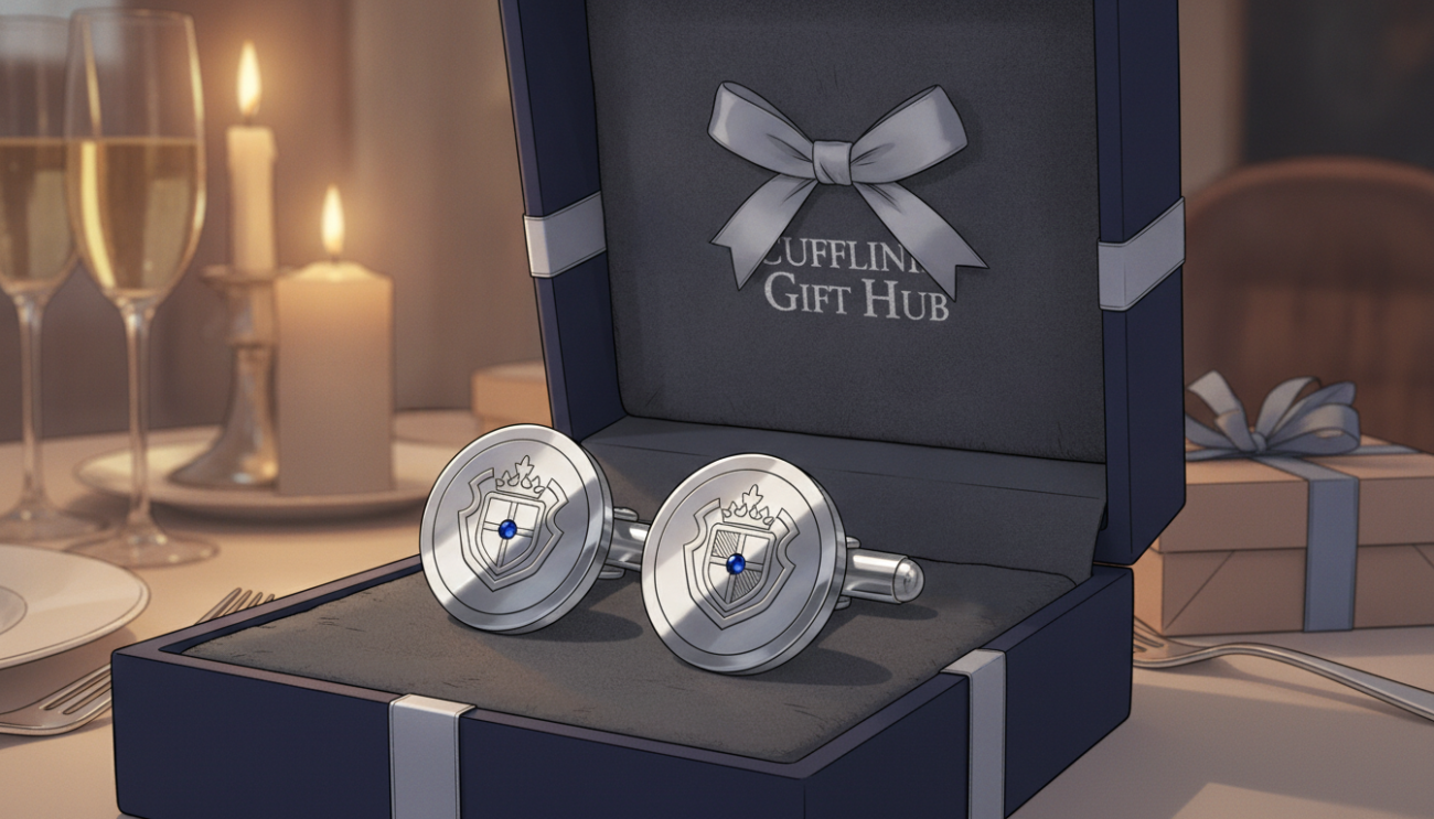 A pair of elegant cufflinks designed for dads, crafted from polished stainless steel with intricate engravings, displayed prominently in the foreground. The cufflinks are styled with subtle yet luxurious details, such as a sleek, modern design and a touch of color that hints at personalization. In the middle layer, a soft velvet cushion provides a refined backdrop, while an open gift box with a ribbon adds a festive touch. The background features a blurred, softly lit setting, evoking a warm and inviting atmosphere, reminiscent of a special occasion. The lighting is soft and diffused, emphasizing the cufflinks' shine. The scene resonates with a mood of sophistication and generosity, perfect for gift-giving. Include the brand name "Cufflinks Gift Hub" subtly in the setting.