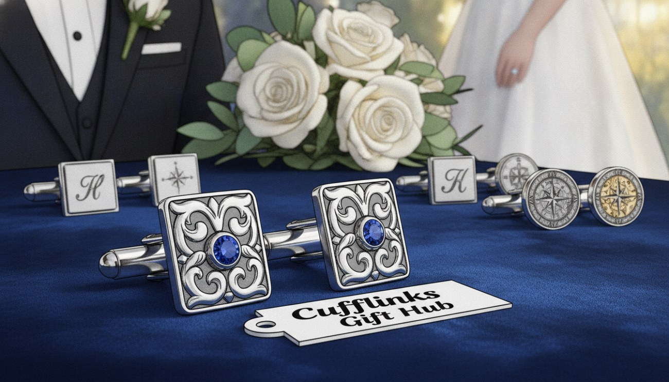 A pair of elegant groom's cufflinks prominently displayed in the foreground, featuring a polished silver finish with intricate engravings and a small gemstone accent. The cufflinks are set on a soft, textured fabric, such as velvet, creating a contrast that draws the eye. In the middle ground, a tasteful assortment of personalized cufflinks in various designs is partially visible, showcasing the diversity of styles available for grooms. The background features a softly blurred wedding-themed setting, including delicate floral arrangements and warm ambient lighting that exudes romance and sophistication. The image should be captured with a shallow depth of field, emphasizing the cufflinks, while maintaining a soft-focus effect on the background. The overall mood should convey elegance and intimacy, reflecting the special significance of choosing cufflinks for a wedding day. Brand name: Cufflinks Gift Hub.